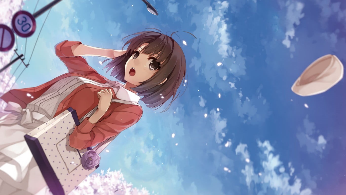 three quarter length, sunlight, clouds, real people, Kato Megumi, holding, anime, sign, clothing, hat, representation, character, 720P, low angle view, HD Wallpaper