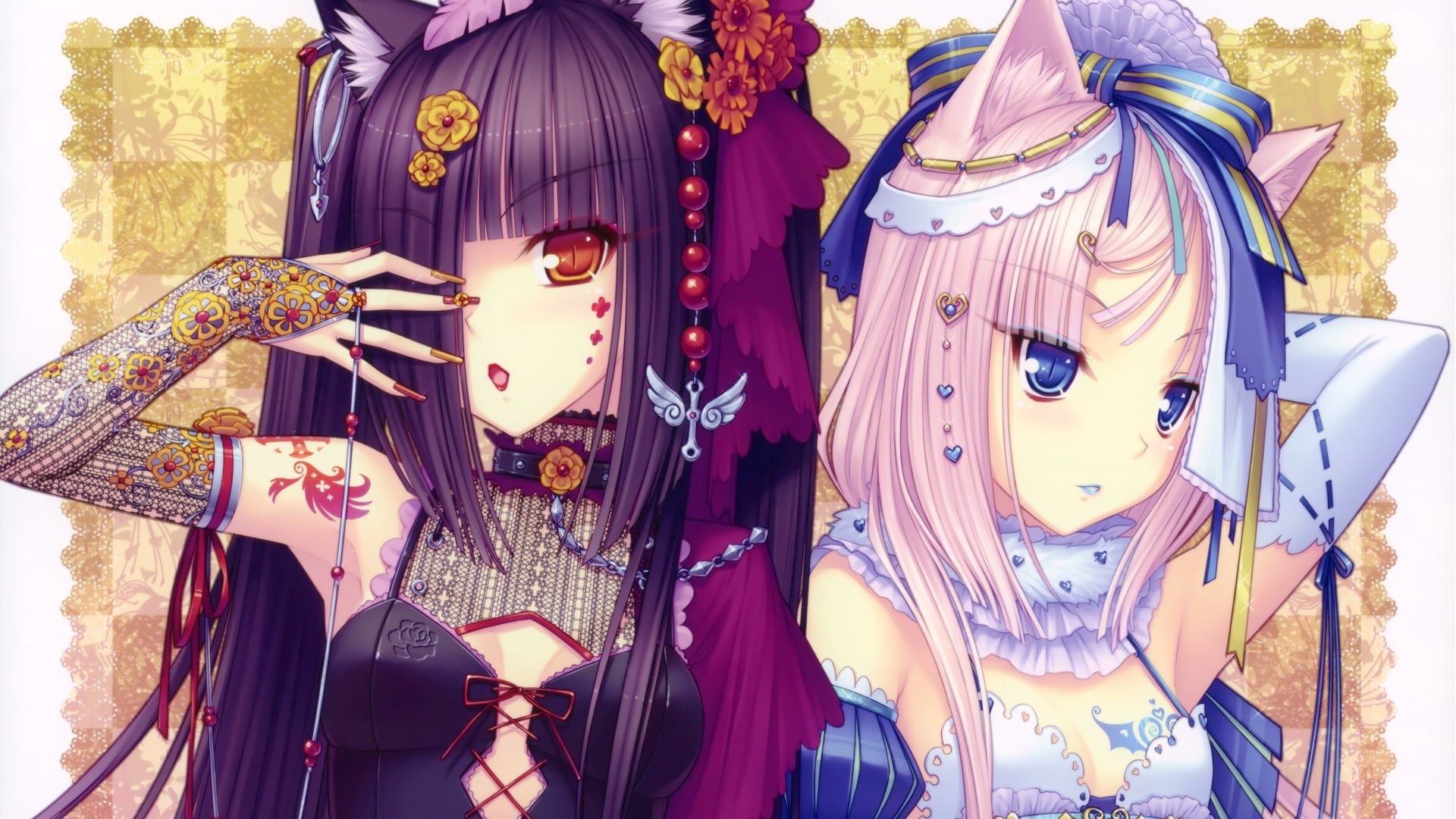 animal ears, focus on foreground, 1080P, carnival - celebration event, celebration, female, digital, Chocolat (Neko Para), creativity, festival, Vanilla (Neko Para), HD Wallpaper