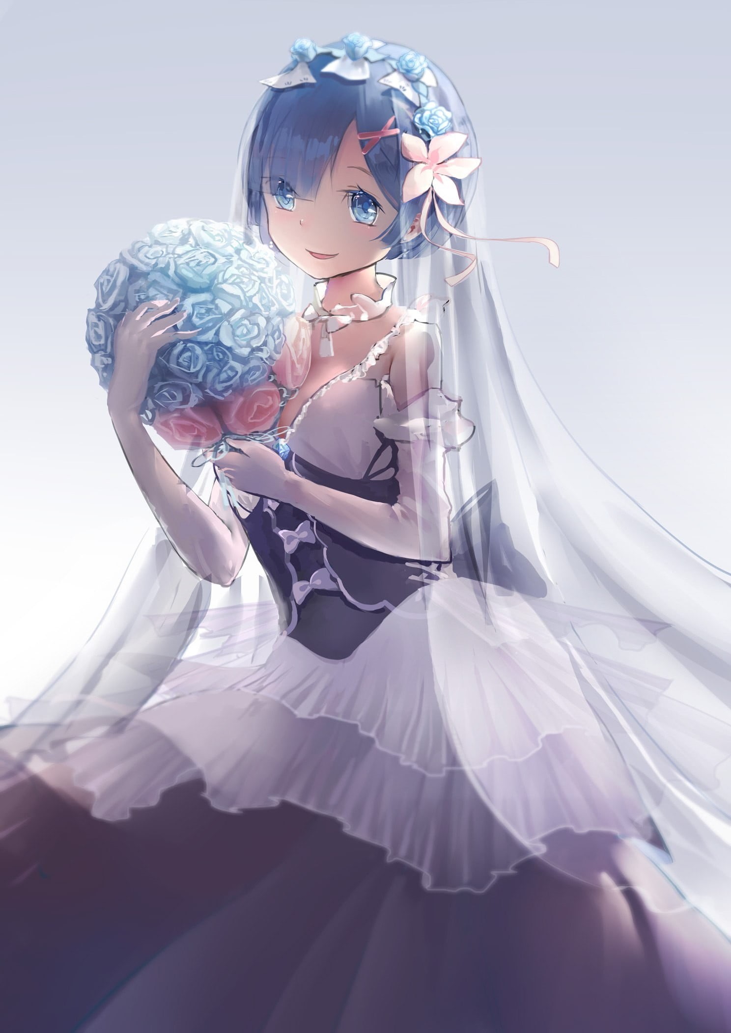 hairstyle, blue, young adult, one person, digital composite, wedding dress, haired, elegance, short hair, clothing, studio shot, anime girls, Phone HD Wallpaper