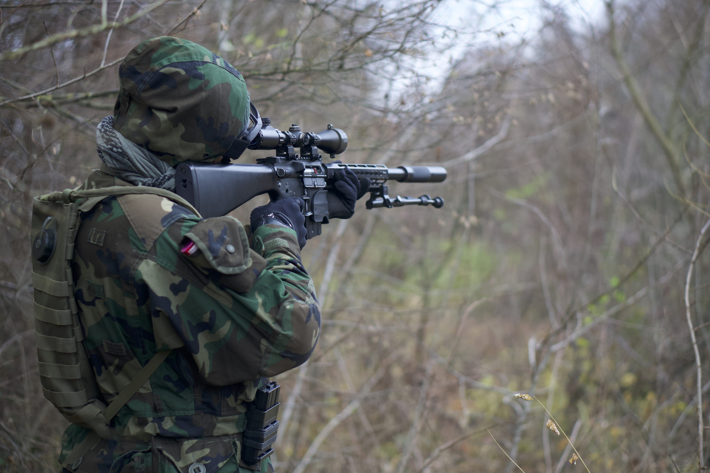 airsoft, military, scope, shoot, gun, war, camo, camouflage, uniform, person, outdoors, military uniform, rifle, fighting, land, outdoor, assault, conflict, HD Wallpaper