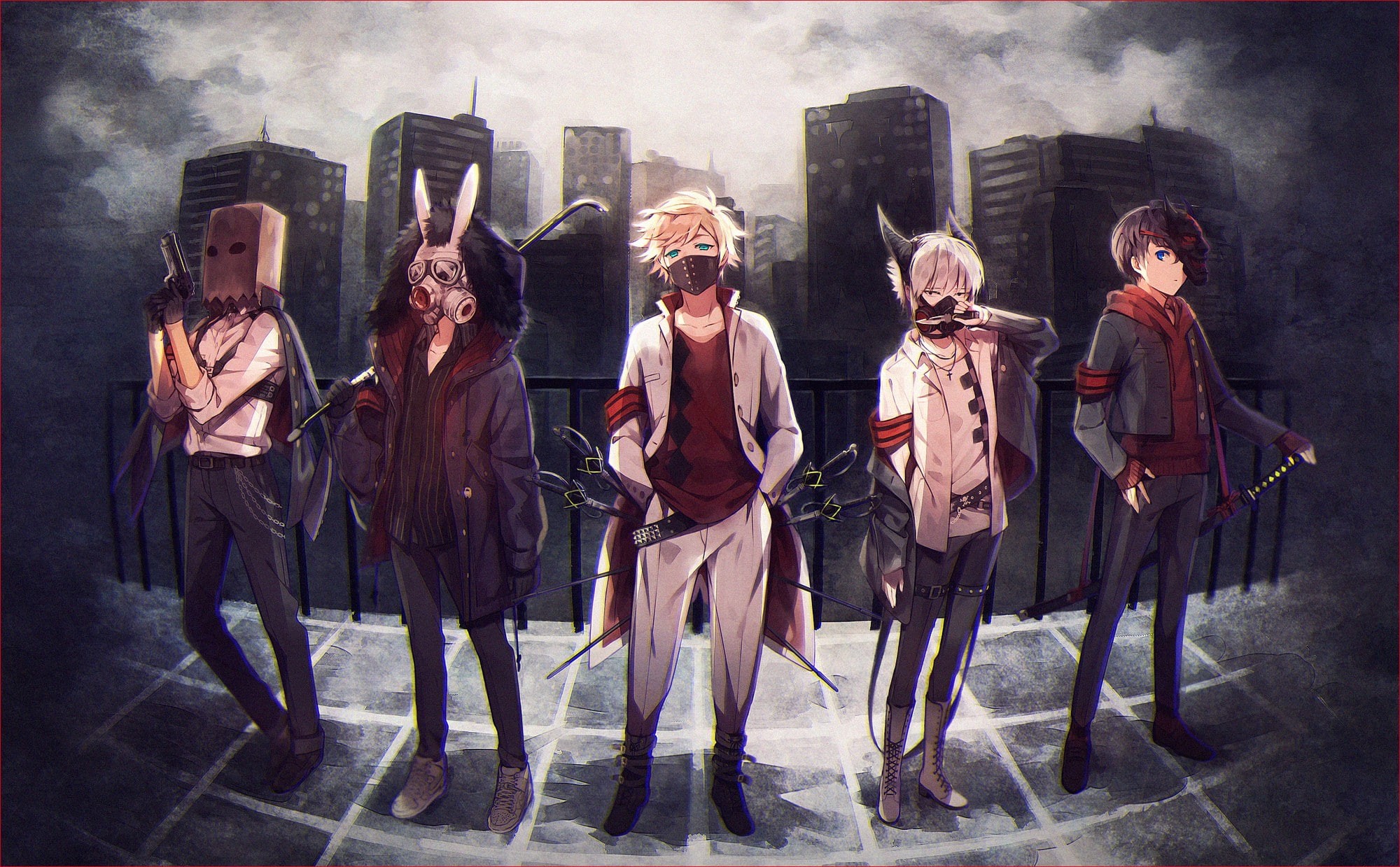 architecture, Short Hair, group of people, adult, anime, city, women, standing, front view, mask, night, real people, Katana, gun, full length, Anime Boys, HD Wallpaper