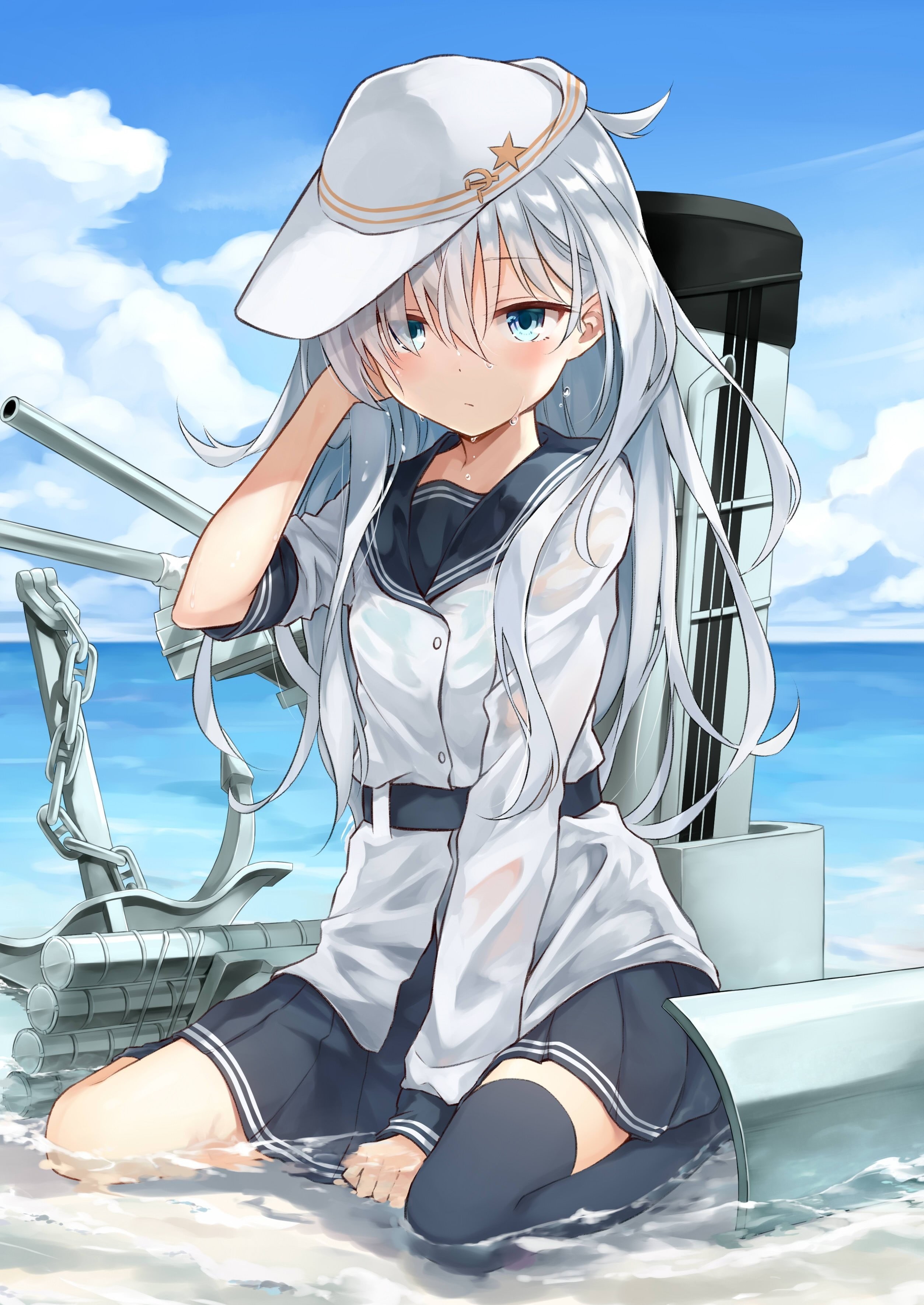 adult, women, anime girls, 2K, beautiful woman, nature, beauty, Kantai Collection, wet clothing, Hibiki (KanColle), blue eyes, clothing, females, human body part, Phone HD Wallpaper