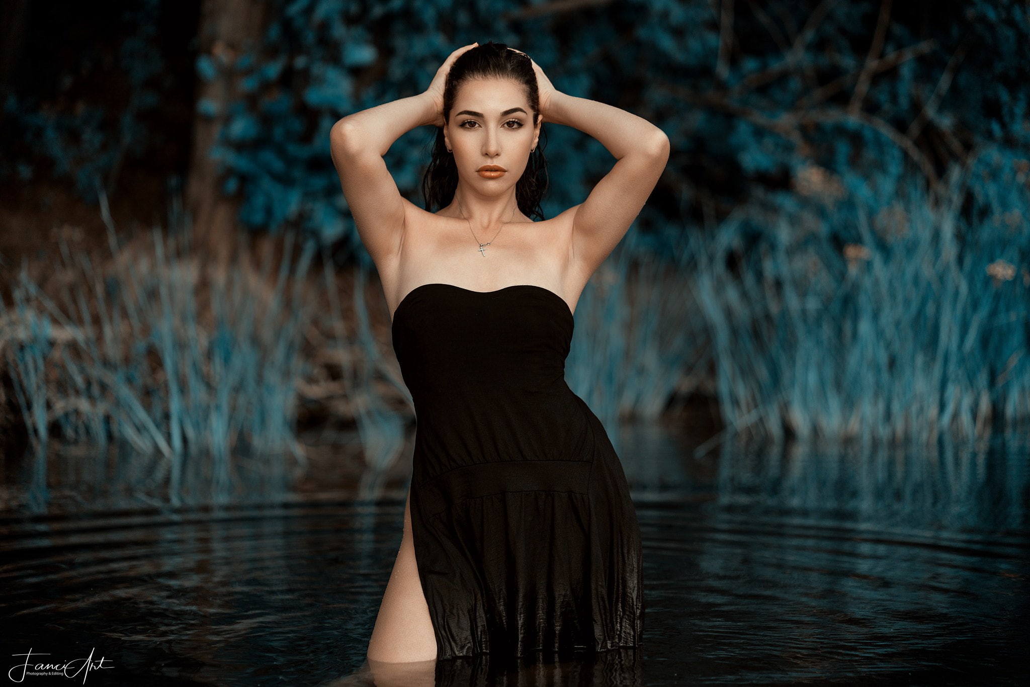 one person, water, fashion, hair, river, nature, women, clothing, dark, human limb, lake, brown hair, 1080P, portrait, standing, hands on head, contemplation, HD Wallpaper