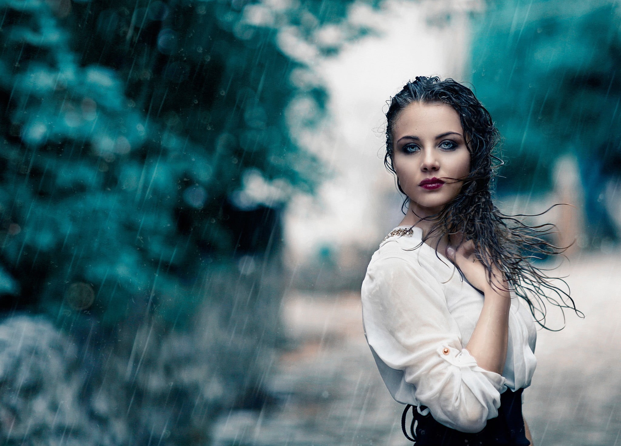 nature, wet, teenager, women, adolescence, beauty, beautiful people, brown hair, confidence, model, adult, white clothing, water drops, Alessandro Di Cicco, HD Wallpaper