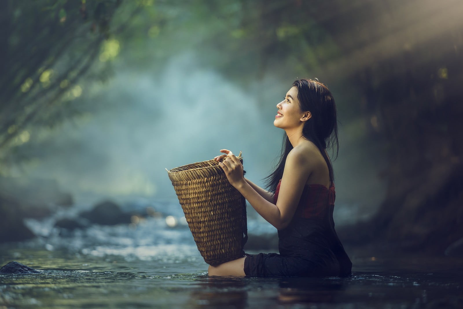 real people, container, fashion, Thailand, beauty, 720P, basket, Asian, looking away, women, focus on foreground, hairstyle, tree, nature, sitting, young adult, HD Wallpaper