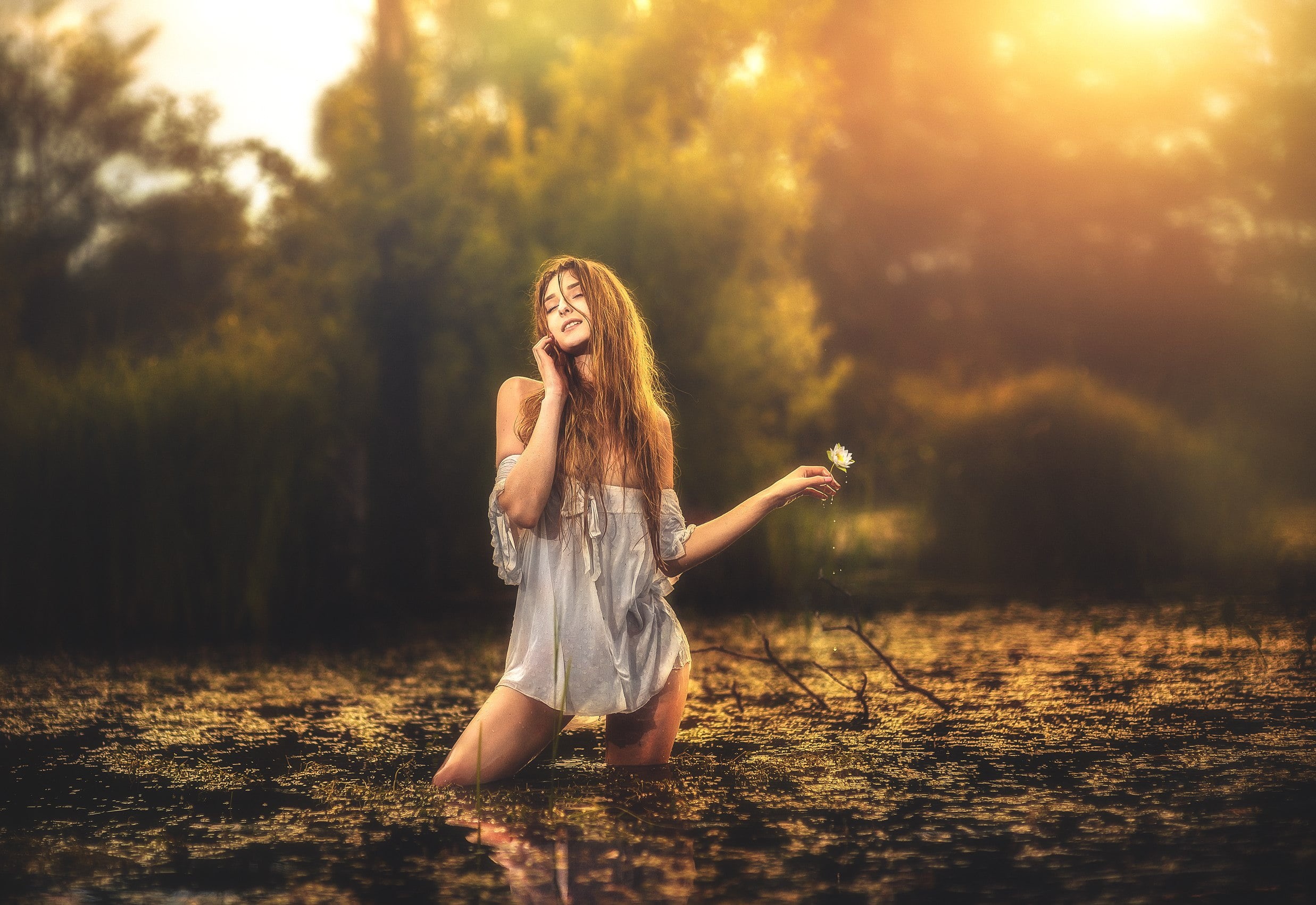 human arm, beautiful woman, women outdoors, freedom, Vadim Melnik, one person, brunette, casual clothing, pond, hair, leisure activity, tanned, 1080P, HD Wallpaper