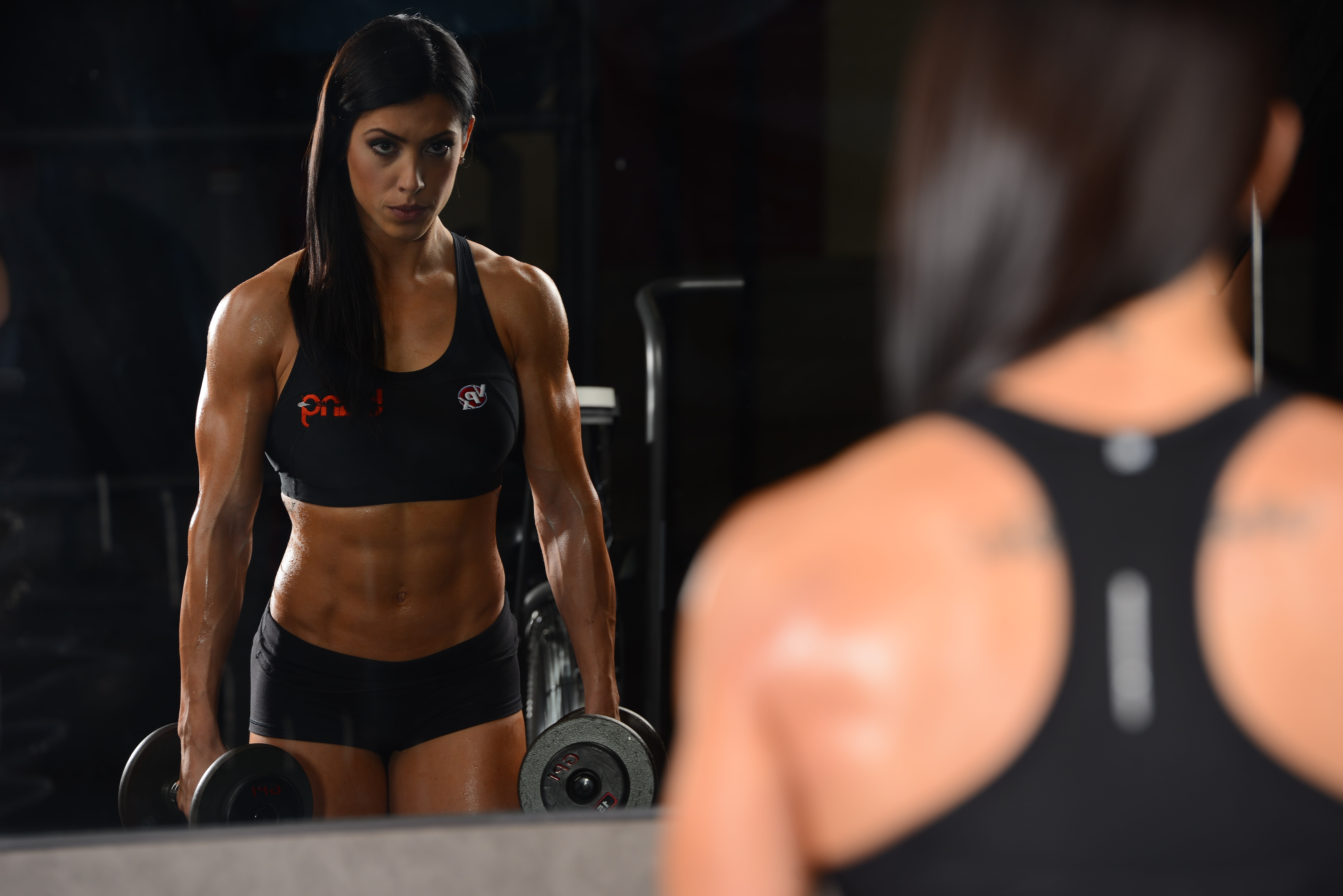 woman, workout, 5K, fitness, mirror, abs, HD Wallpaper