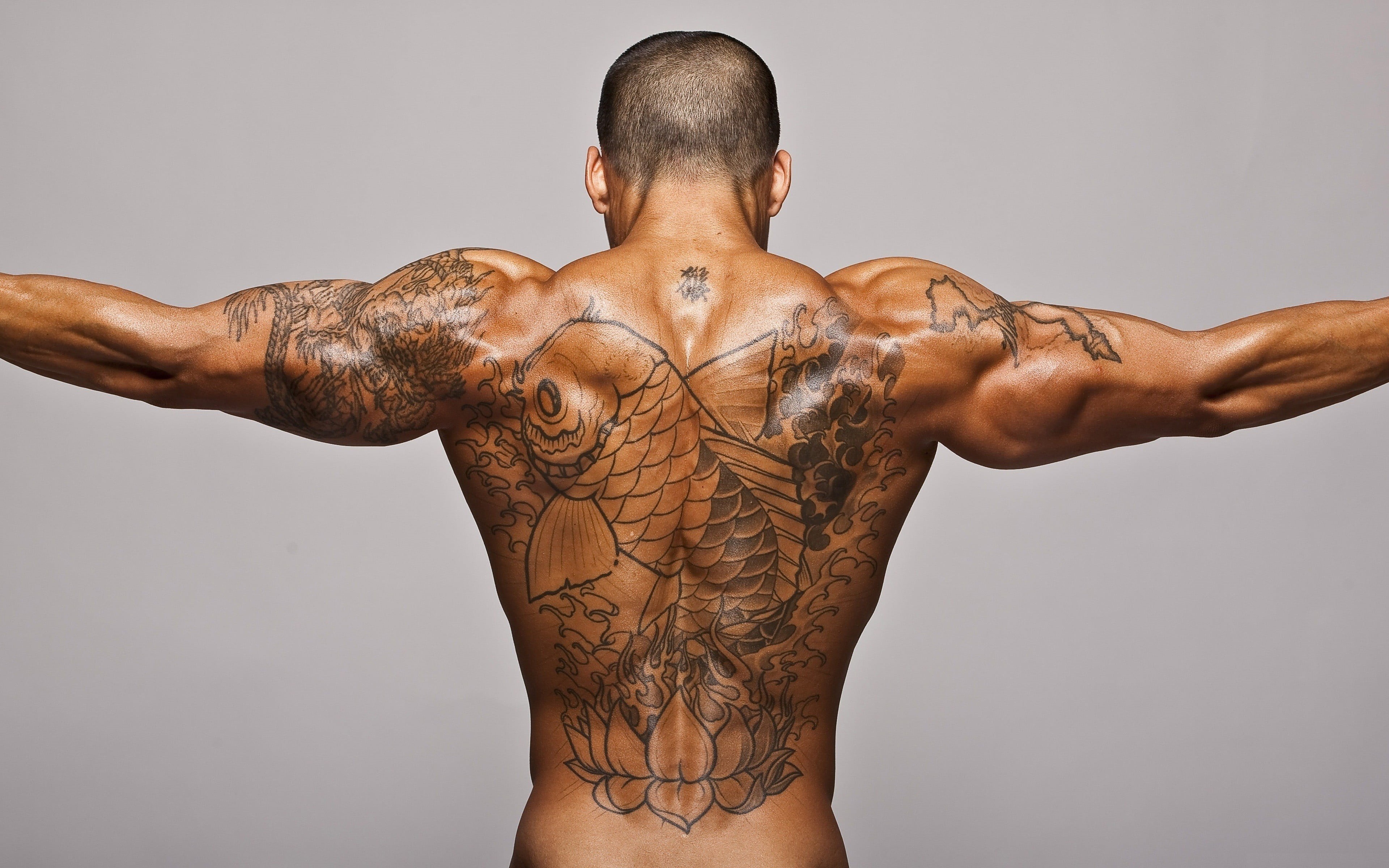 weight training, hairstyle, human muscle, human body part, muscles, waist up, one person, Bodybuilder, gray, wellbeing, human arm, black, koi, lifestyles, HD Wallpaper