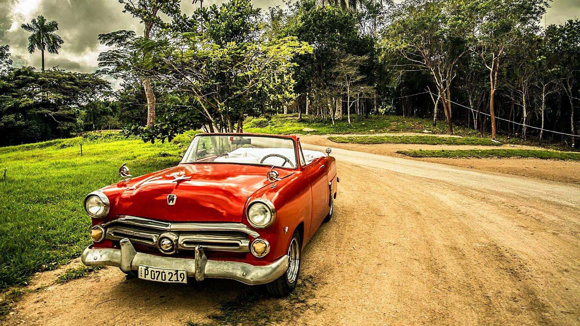road, day, red, automotive design, forest, classic, tree, mode of transportation, retro styled, vehicle, field, vintage car, outdoors, green color, nature, HD Wallpaper