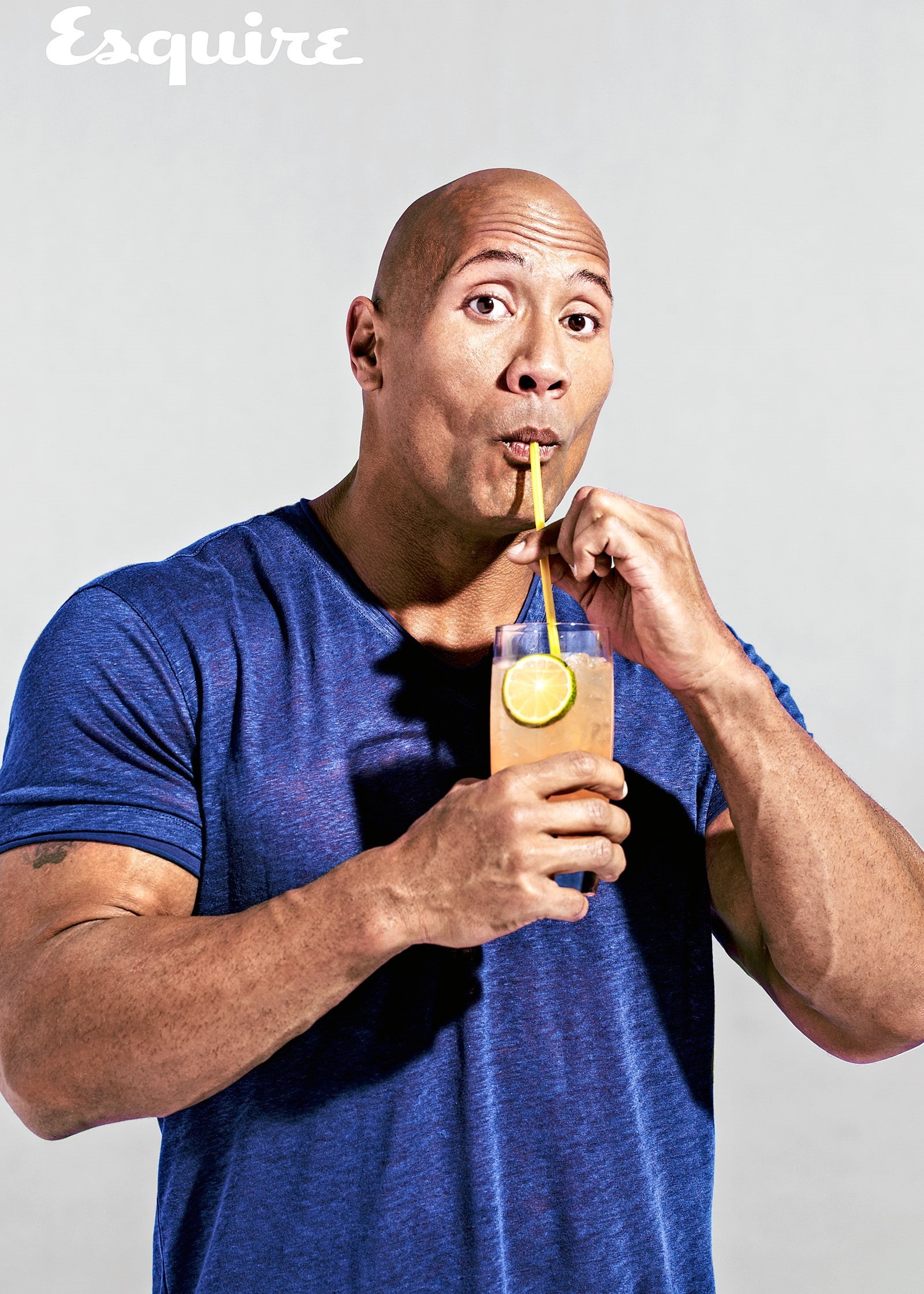 Dwayne Johnson, glass, straw, waist up, making a face, holding, indoors, drinking straw, refreshment, portrait, men, one person, alcohol, food and drink, Phone HD Wallpaper