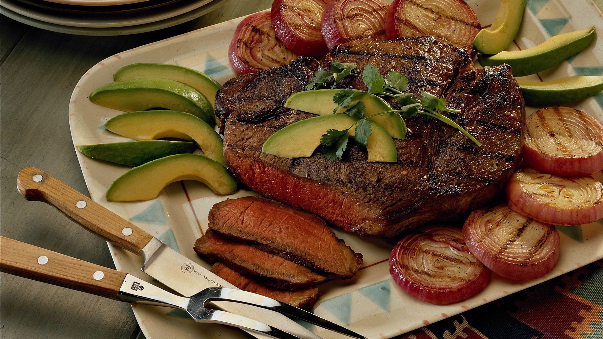 melons, fork, 1080P, onion, steak, Avocado, food, meat, Onions, HD Wallpaper