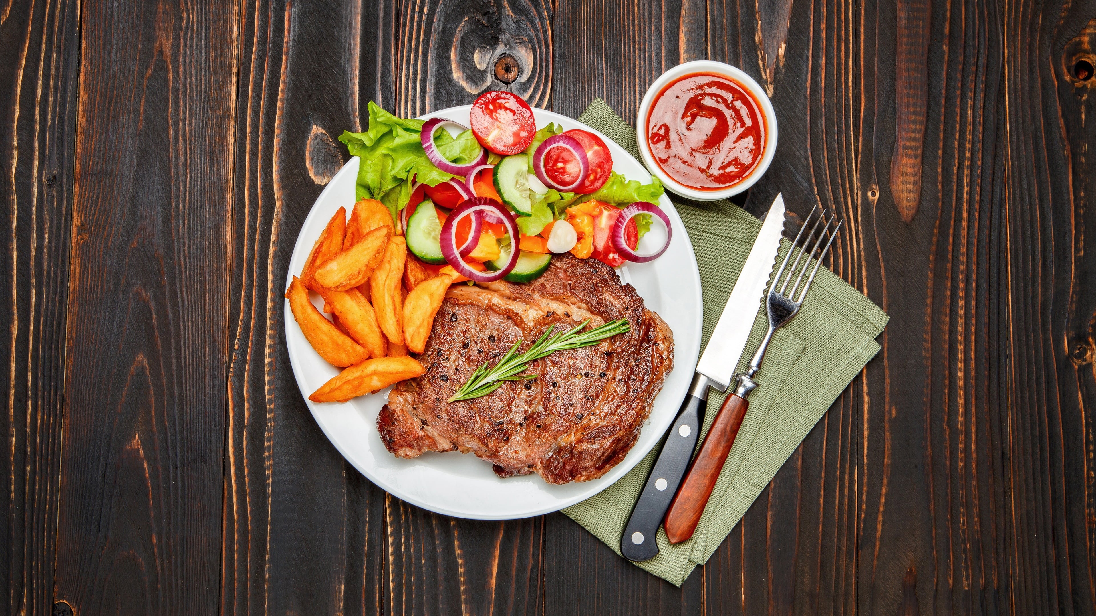 fruit, food, kitchen utensil, steak, eating utensil, arugula, meat, meal, directly above, high angle view, healthy eating, dish, no people, fork, table knife, HD Wallpaper
