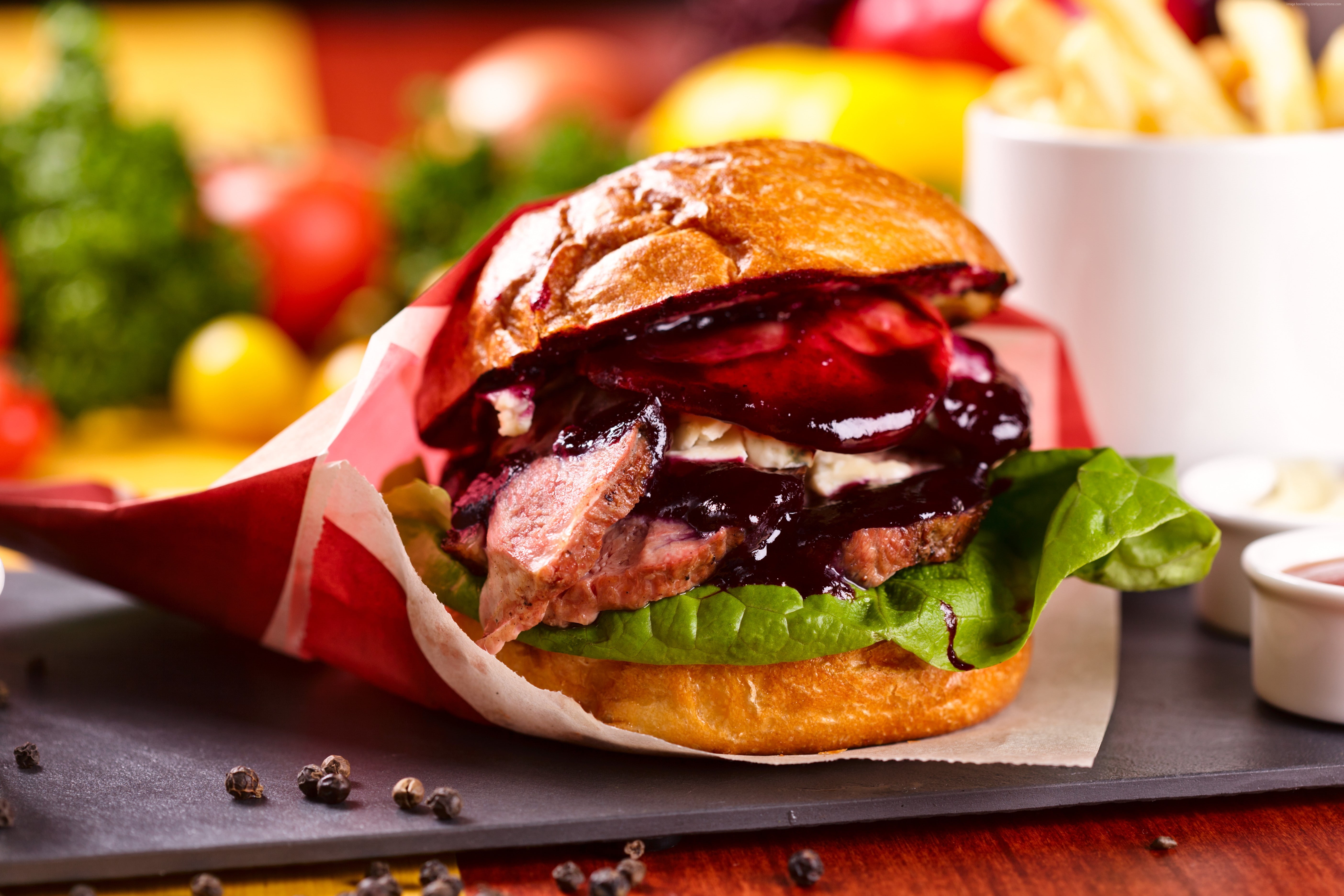 indoors, meat, 5K, meal, vegetable, still life, sandwich, saous, steak, freshness, bun, tomatoes, ready-to-eat, unhealthy eating, burger, sesame, hamburger, HD Wallpaper