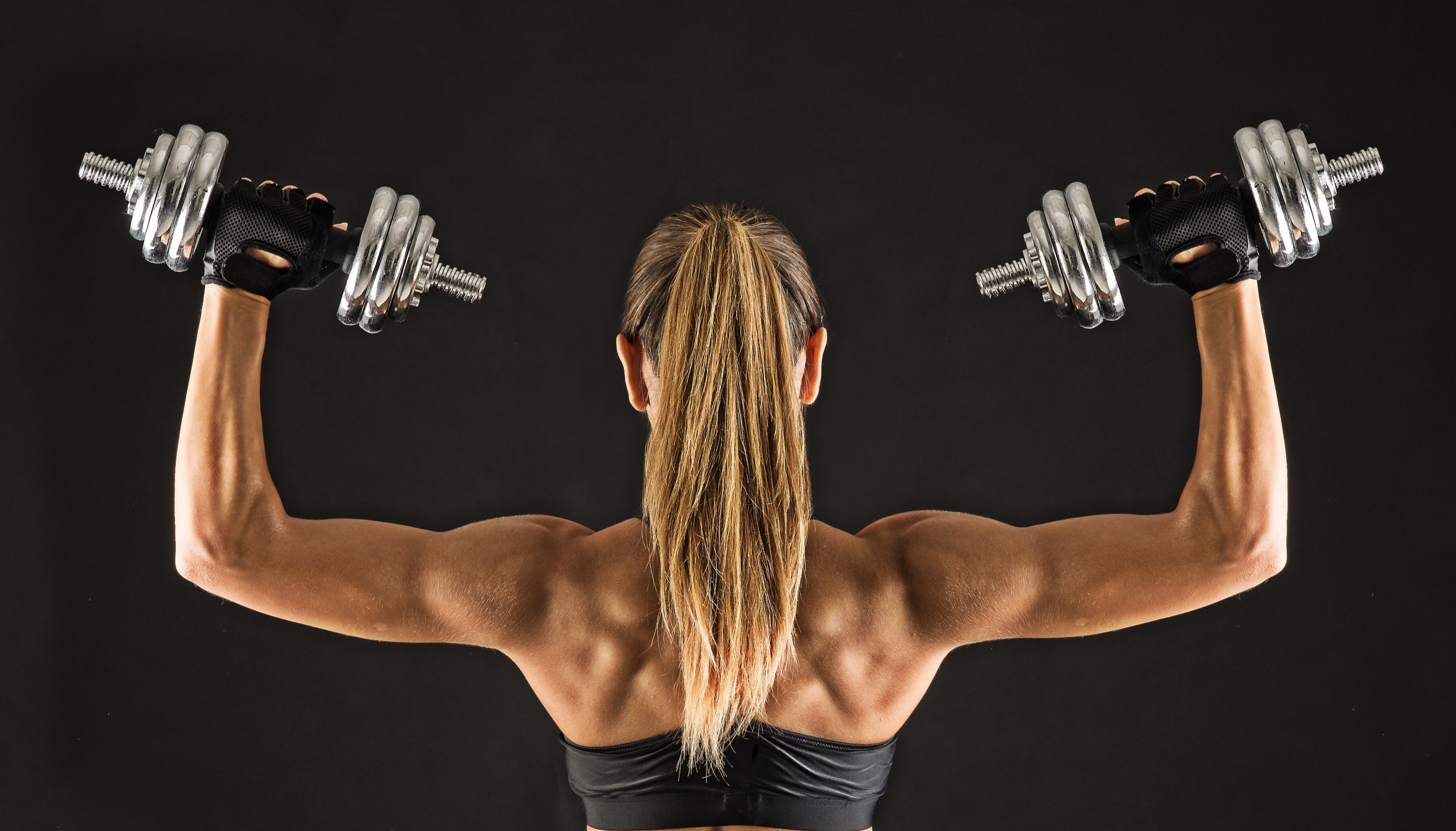 sportswear, fitness, muscular back, dumbbells, gray, girl, dumbbell, black, 4K, HD Wallpaper