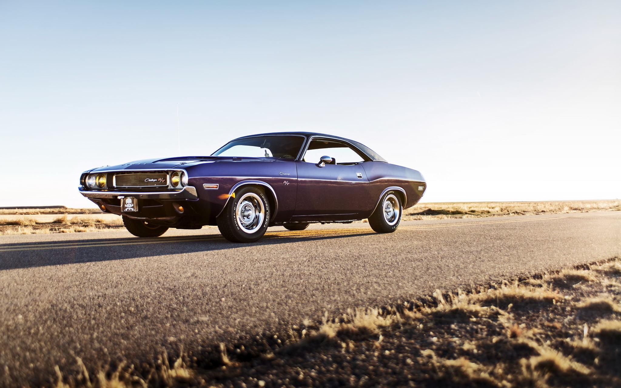 blue, no people, nature, wheel, land vehicle, sky, black, Challenger, lunchbox photoworks, land, sunlight, side view, environment, muscle, car, landscape, HD Wallpaper
