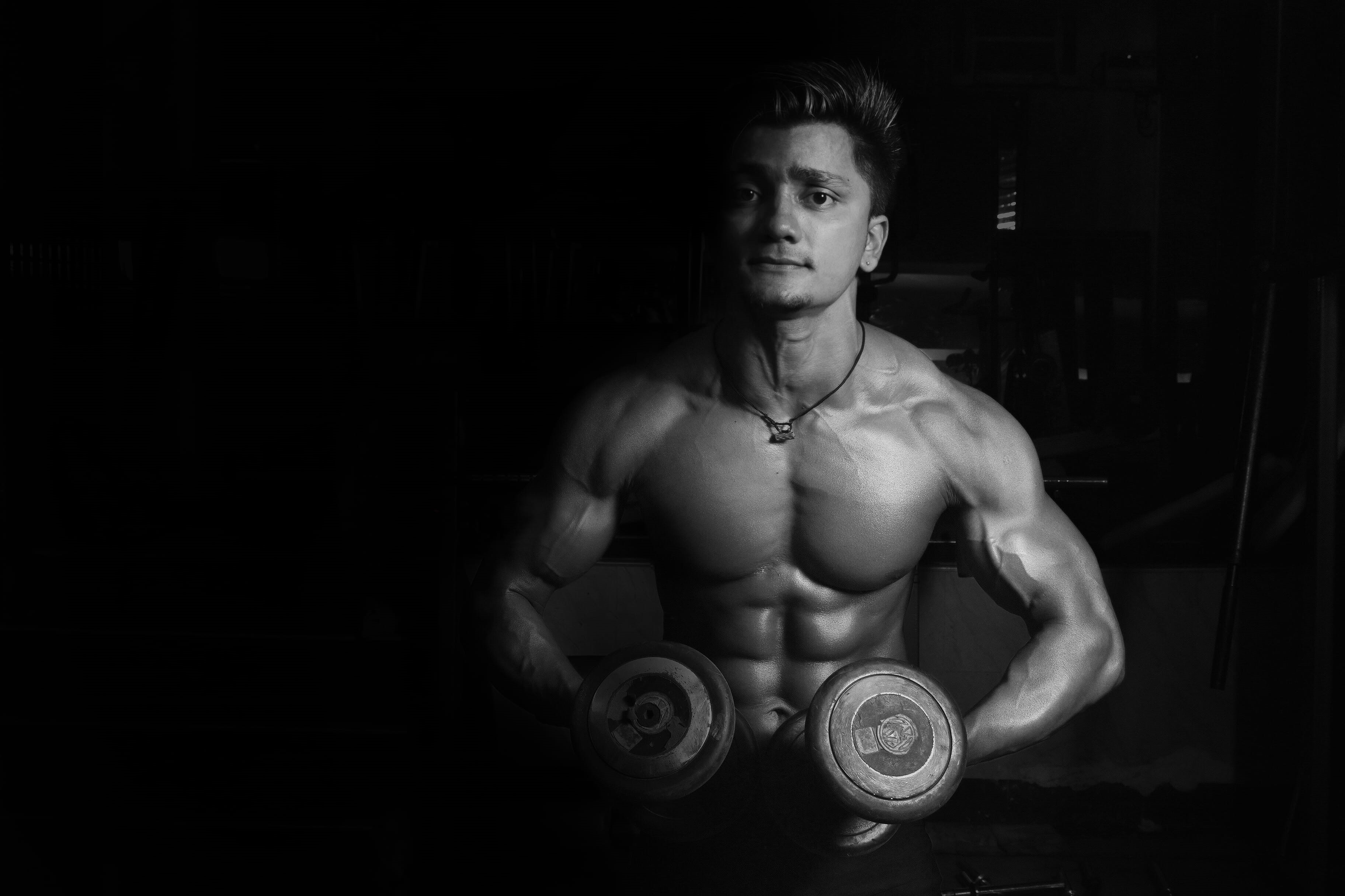 handsome, lifestyles, dumbbells, man, young men, vitality, one person, human muscle, black background, dark, photo, grayscale, muscles, guy, athlete, black and white, HD Wallpaper