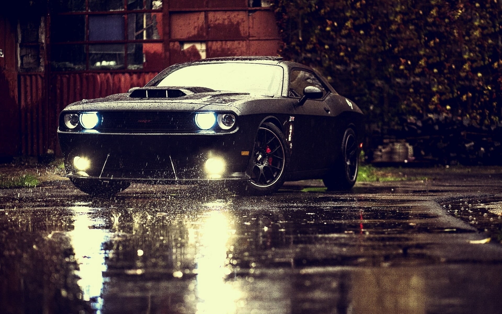headlight, street, vintage car, rain, sports car, Dodge, black cars, no people, motor vehicle, mode of transportation, city, water, wet, land vehicle, rainy season, HD Wallpaper
