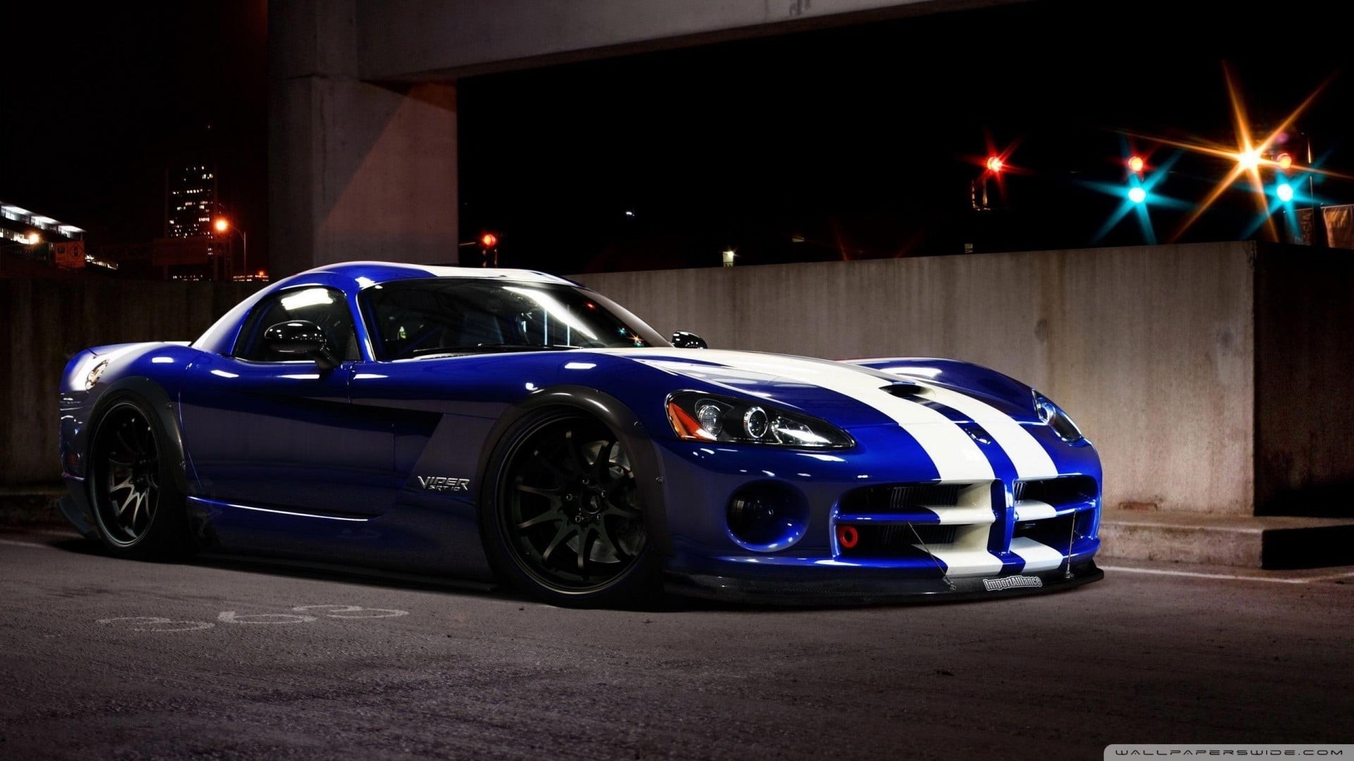 architecture, luxury, car, garage, land vehicle, 1080P, coupe, parking garage, city, blue, wealth, Dodge Viper, motor vehicle, road, no people, white, HD Wallpaper