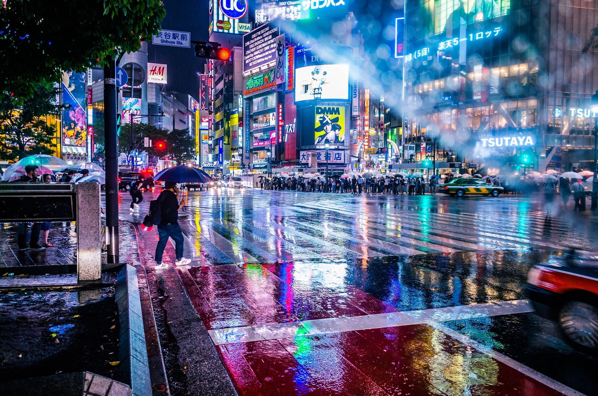 people, lights, light, street, wet, 1080P, umbrellas, the city, Japan, umbrella, rain, bokeh, HD Wallpaper