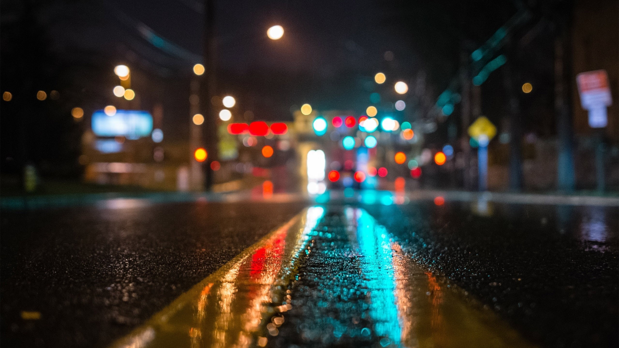 street, road, urban, reflection, lights, wet, 2K, blurred, depth of field, HD Wallpaper