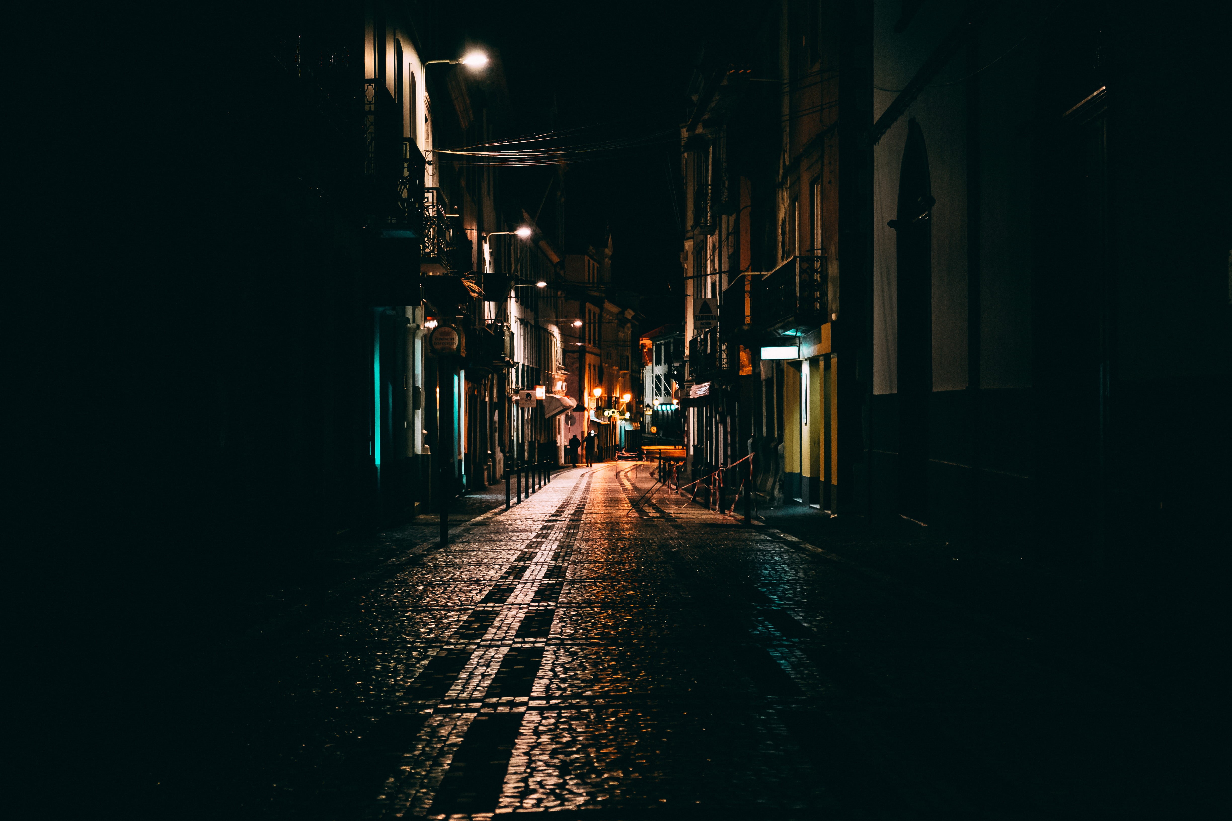 lighting equipment, concrete, diminishing perspective, road, nature, photography, night, building, illuminated, street, empty, dark, wet, transportation, HD Wallpaper