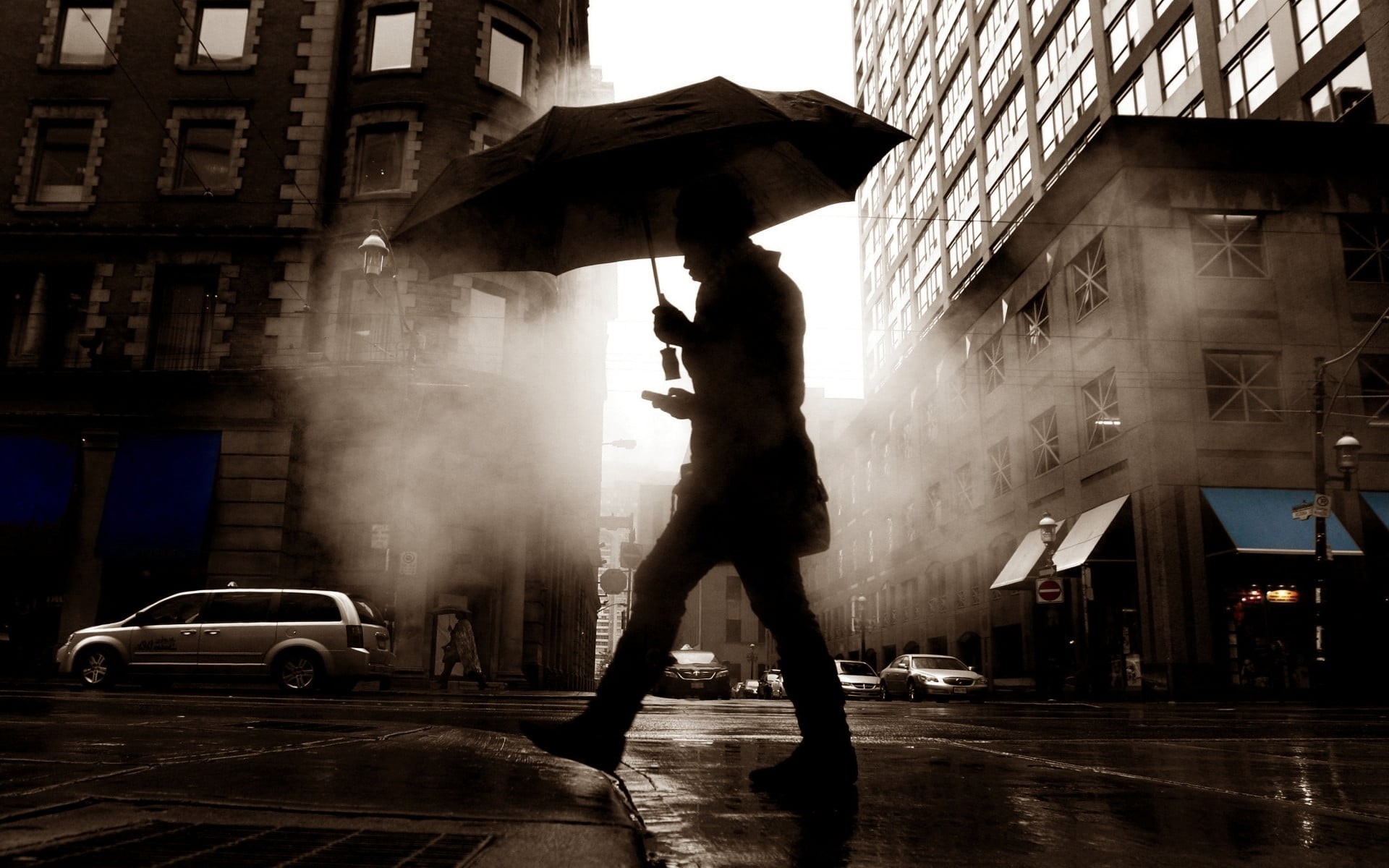 silhouette, umbrella, real people, built structure, selective coloring, full length, beige, street, transportation, one person, sunlight, city, 1080P, HD Wallpaper
