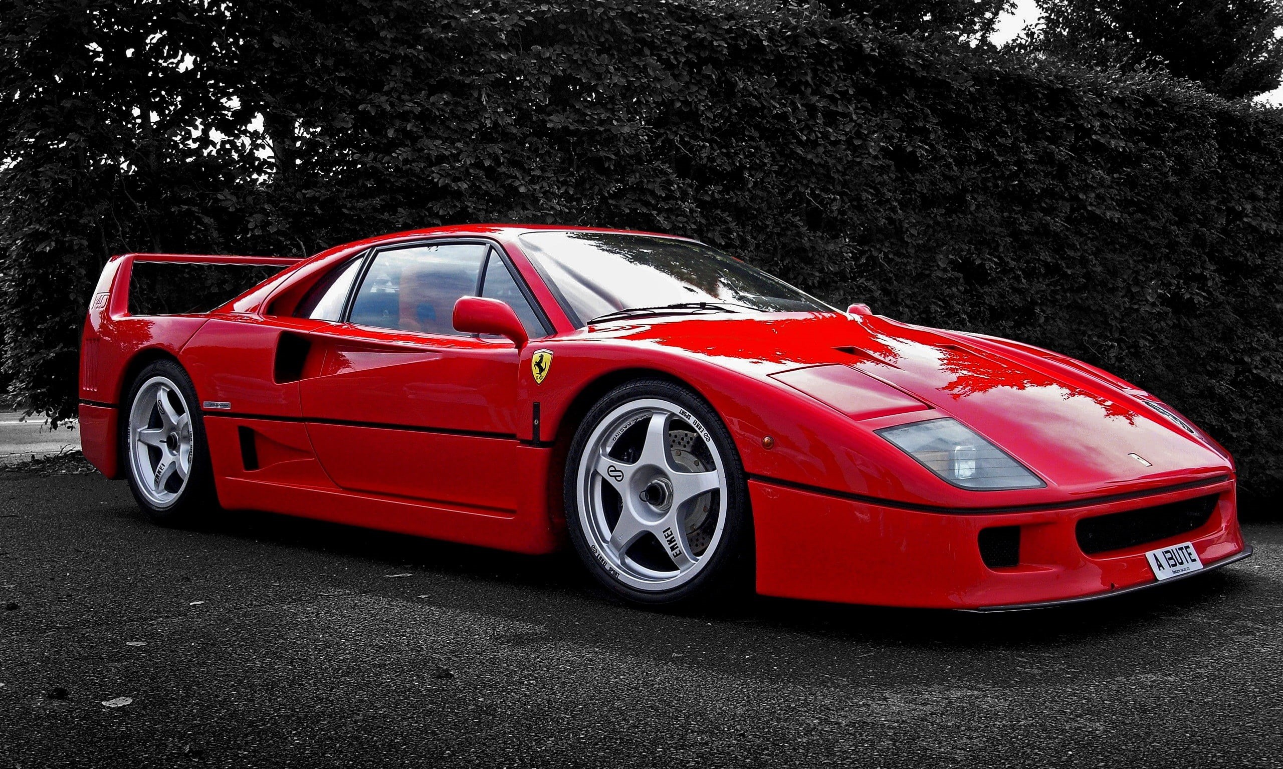 outdoors, road, car, sports car, street, red, nature, land vehicle, 2K, no people, plant, city, communication, Ferrari F40, retro styled, sign, wheel, HD Wallpaper
