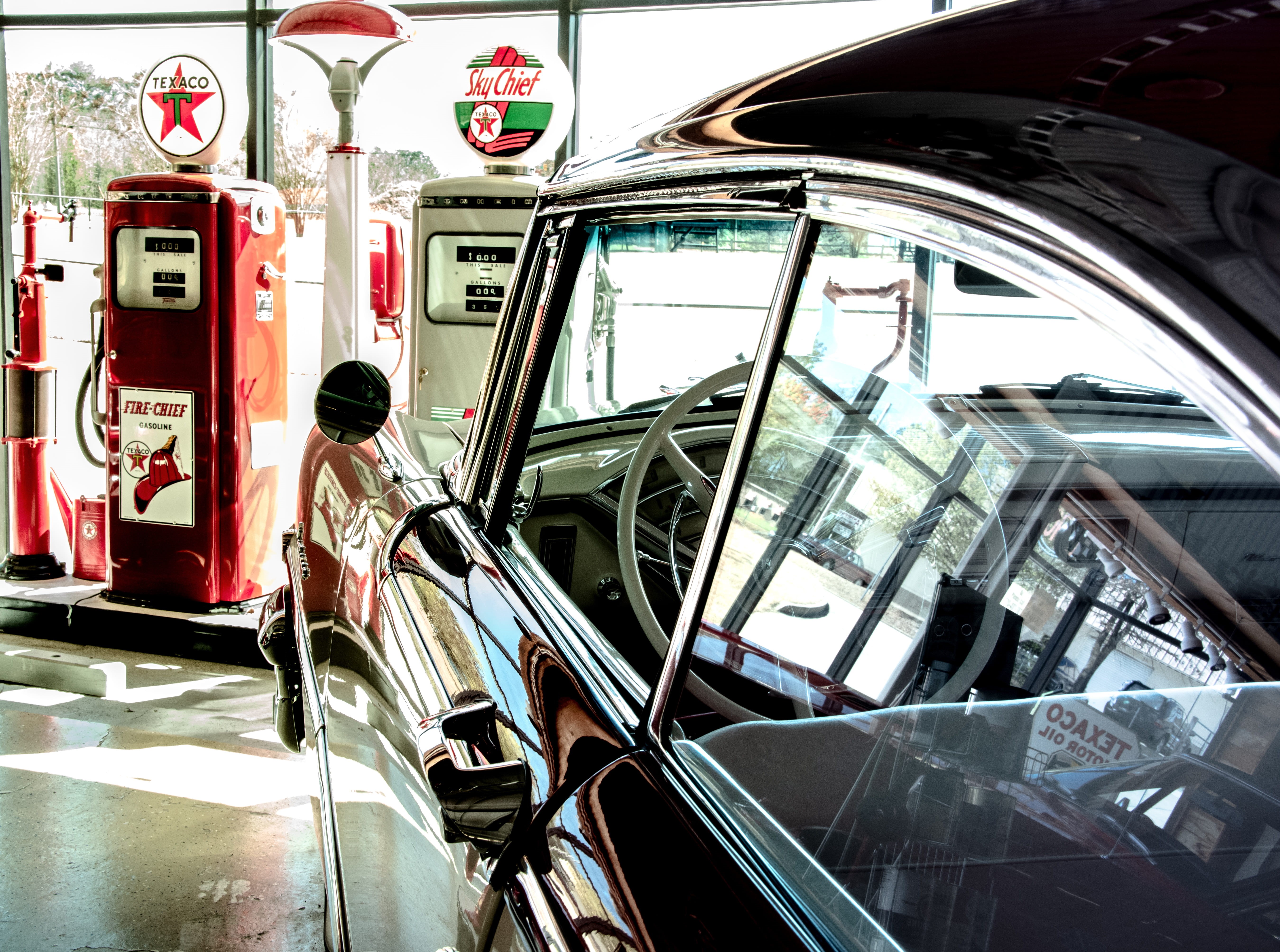red, vintage, parked, window, russ photographer, windshield, tire, day, station, cars, black, convertible, oil, car, vehicle, car wash, public transportation, HD Wallpaper