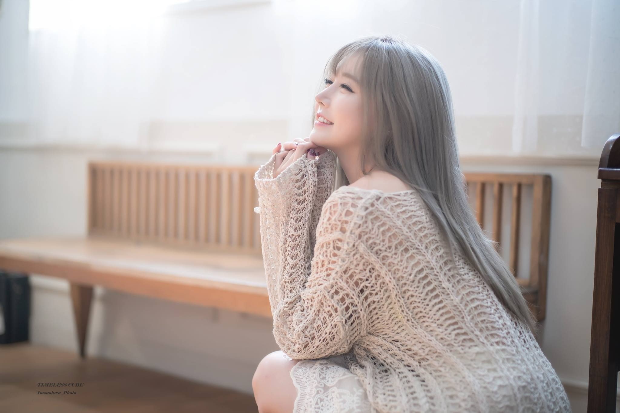model, Han Ga Eun, loose clothing, long hair, 1080P, Asian, smiling, HD Wallpaper