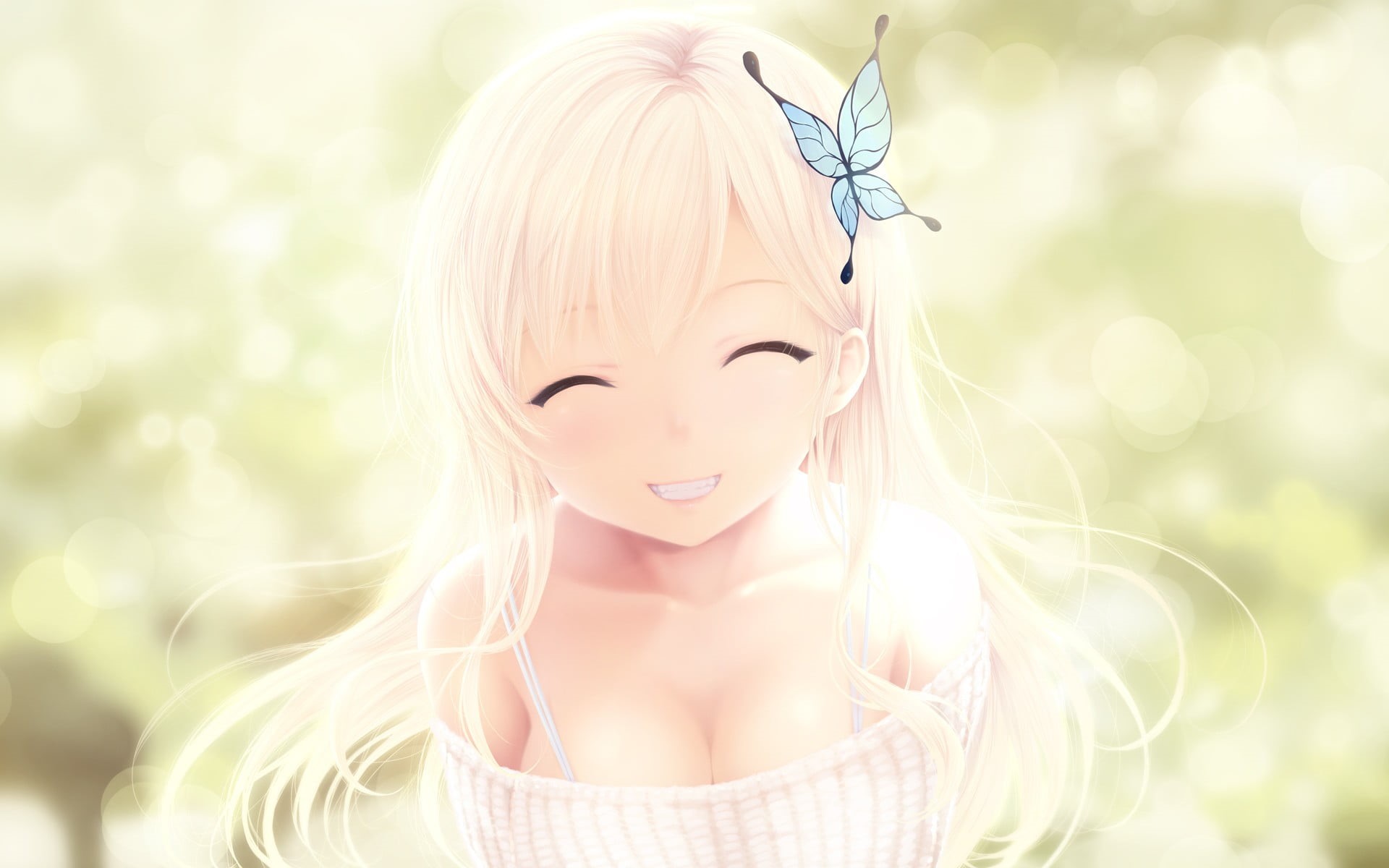 beauty, portrait, Kashiwazaki Sena, young adult, lifestyles, looking at camera, anime, nature, 1080P, human representation, cleavage, blue eyes, focus on foreground, HD Wallpaper