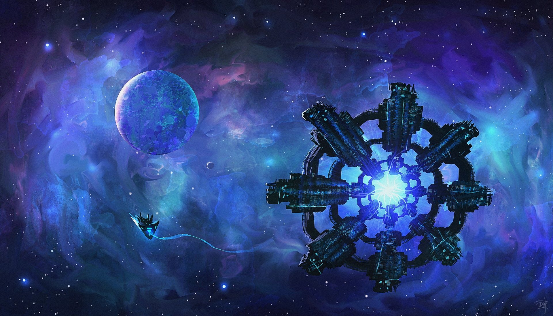 Sci Fi, Space, Stars, Blue, Spaceship, 1080P, Planet, Space Station, HD Wallpaper