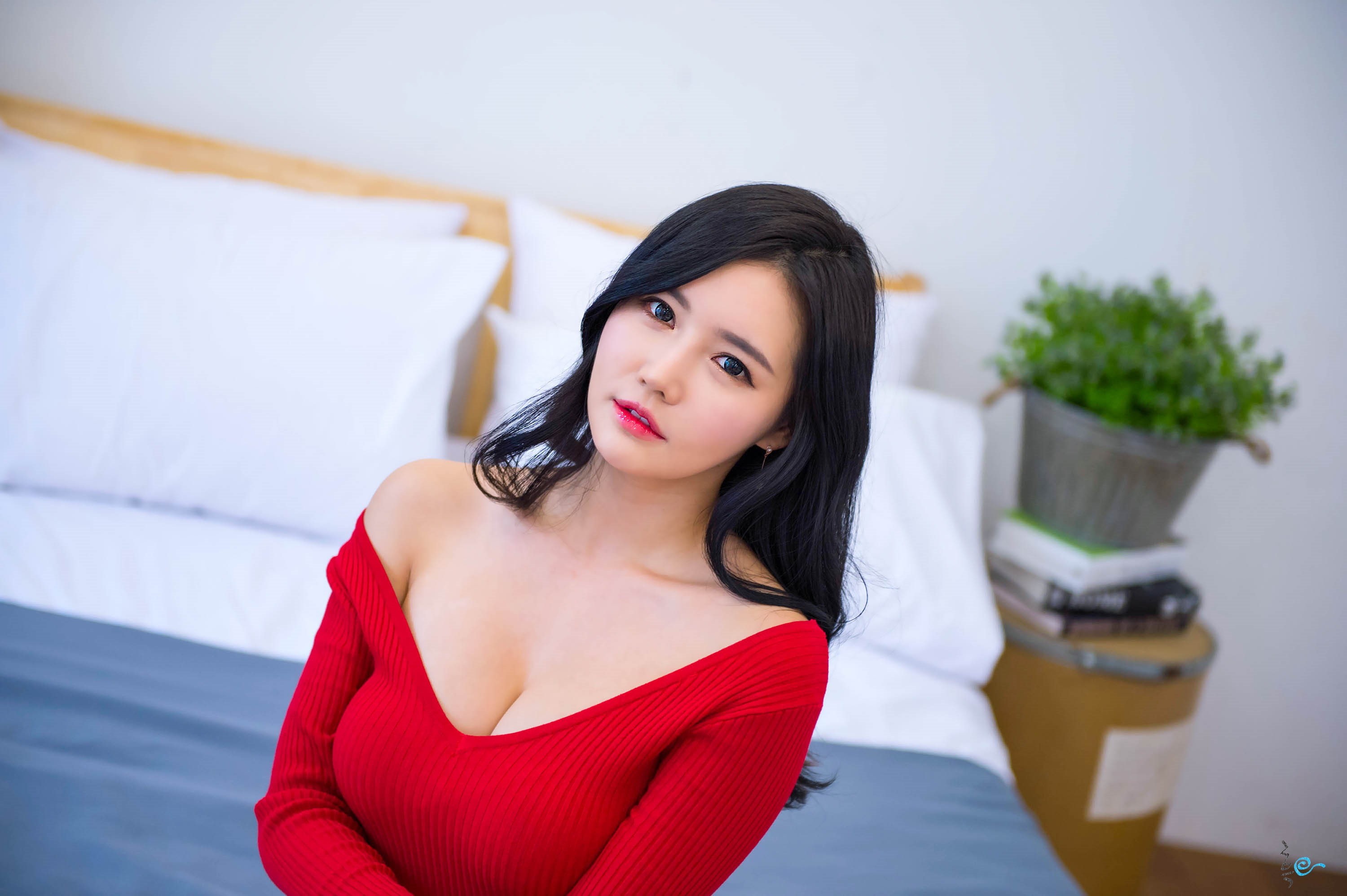 red dress, Asian, V-neck, women, 2K, bedroom, Han Ga Eun, HD Wallpaper