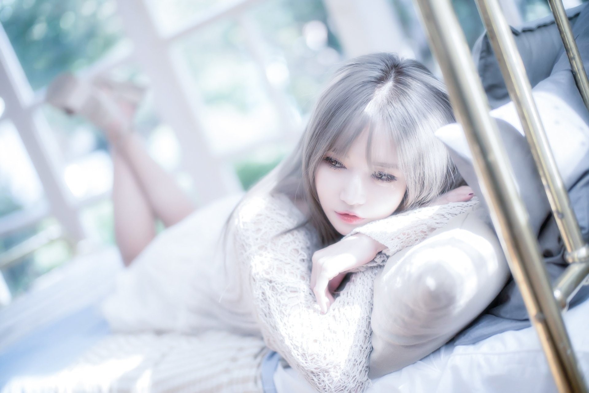 Woman, Han Ga Eun, 1080P, Bed, Models, Model, Asian, White Hair, HD Wallpaper