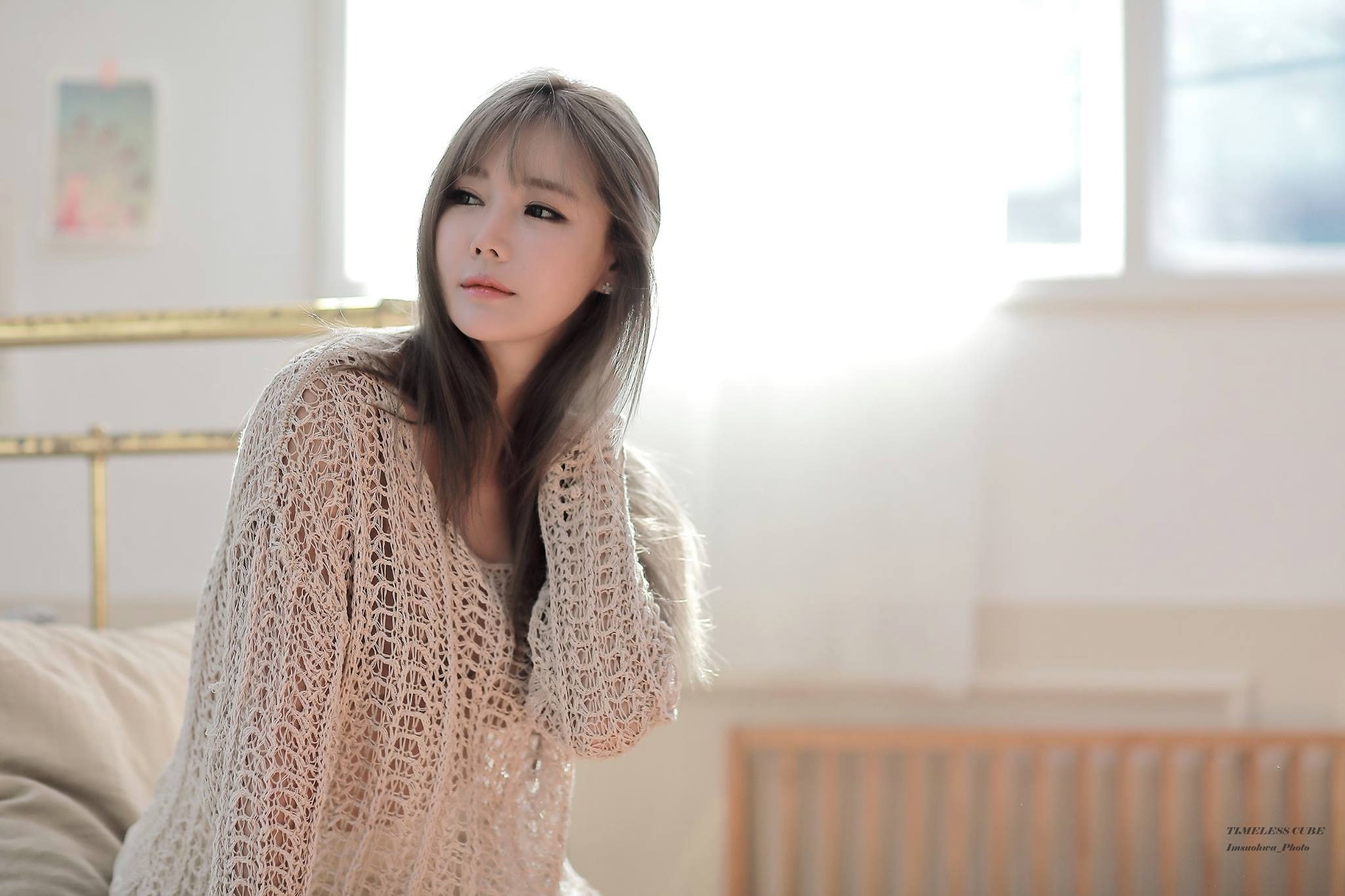 model, Asian, loose clothing, looking into the distance, long hair, Han Ga Eun, 1080P, hands in hair, HD Wallpaper