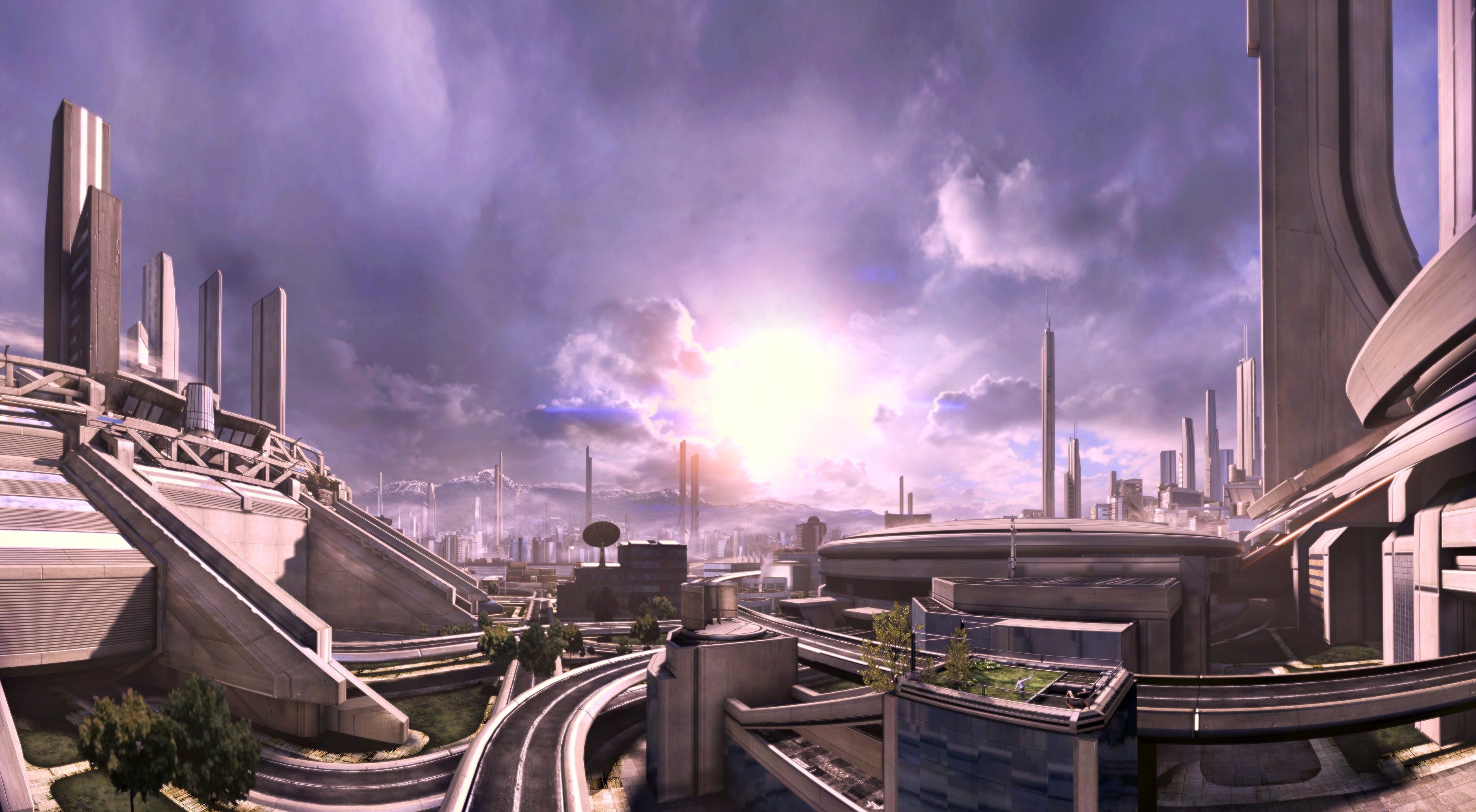 built structure, no people, sky, modern, purple, science fiction, space, cityscape, bridge, Mass Effect, outdoors, building, 2K, building exterior, cloud - sky, HD Wallpaper
