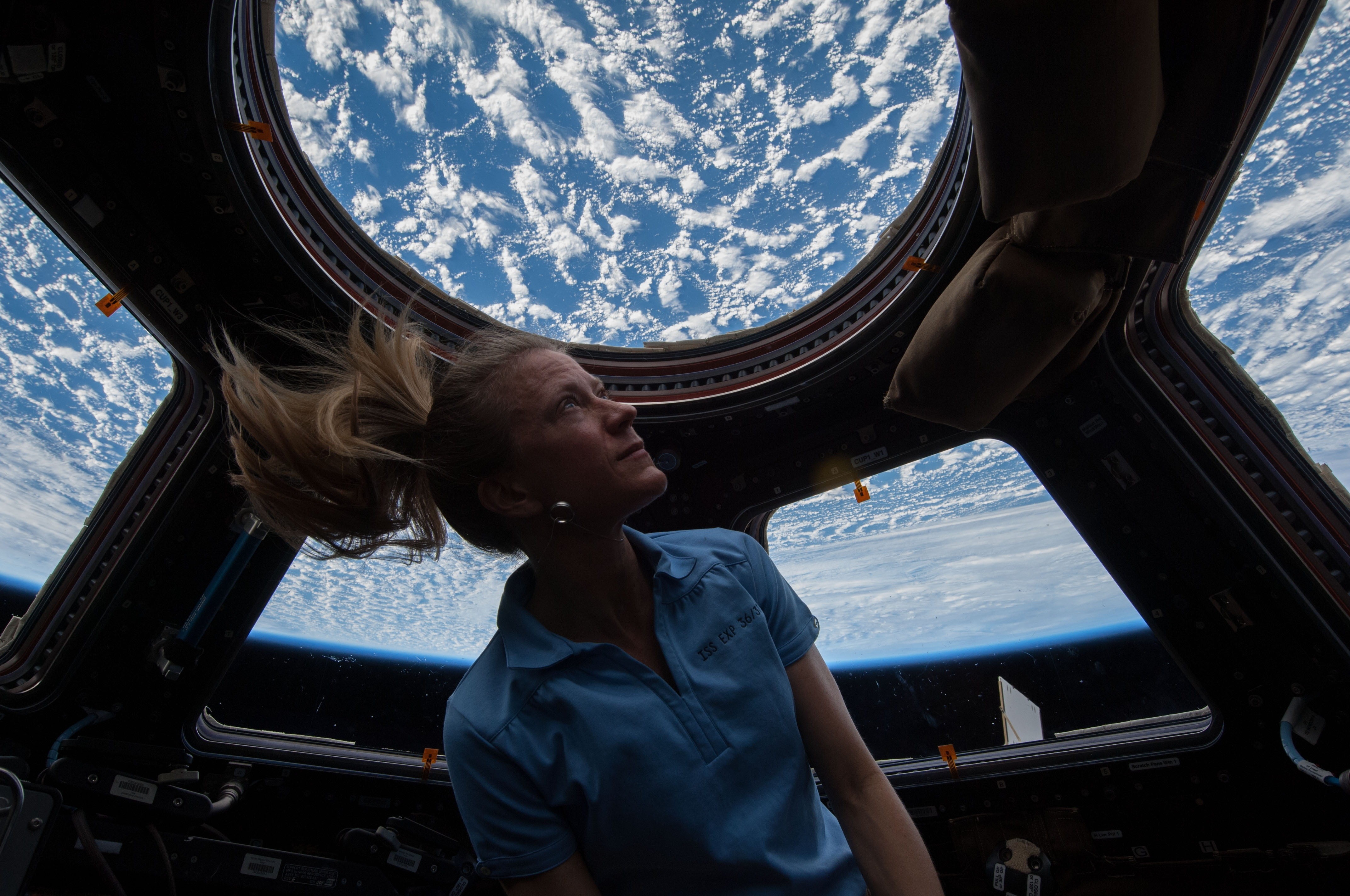 vehicle interior, space, air vehicle, earth view, waist up, transportation, karen nyberg, mode of transportation, airplane, adult, looking away, window, HD Wallpaper