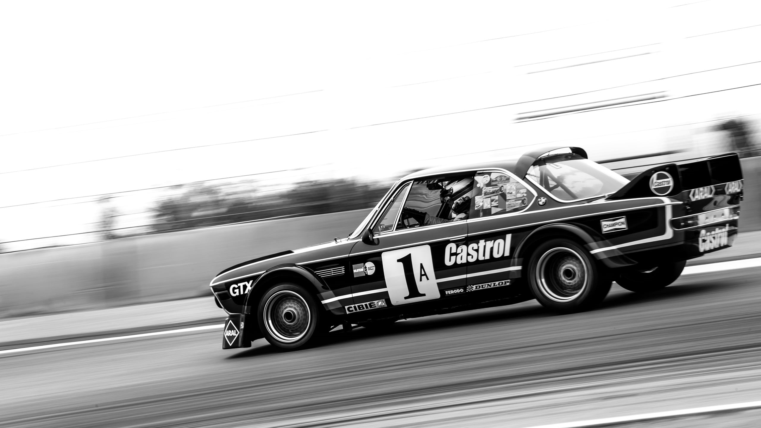BMW 3.0 CSL, race cars, 2K, Castrol livery, monochrome, HD Wallpaper