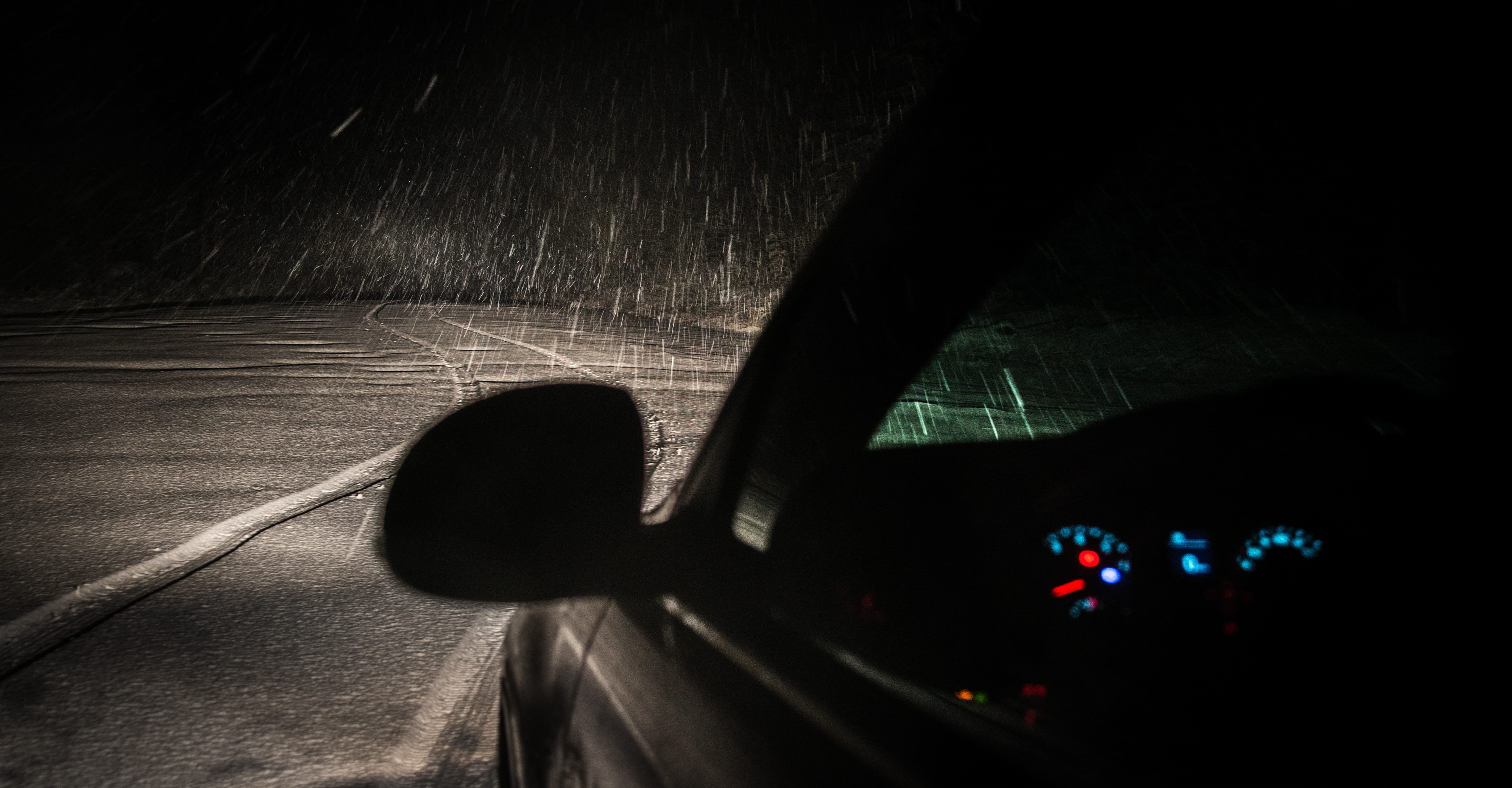 transportation, drive, dashboard, landscape, road, wet, snowing, mode of transportation, motor vehicle, no people, black, indoors, dark, land vehicle, transportation system, HD Wallpaper
