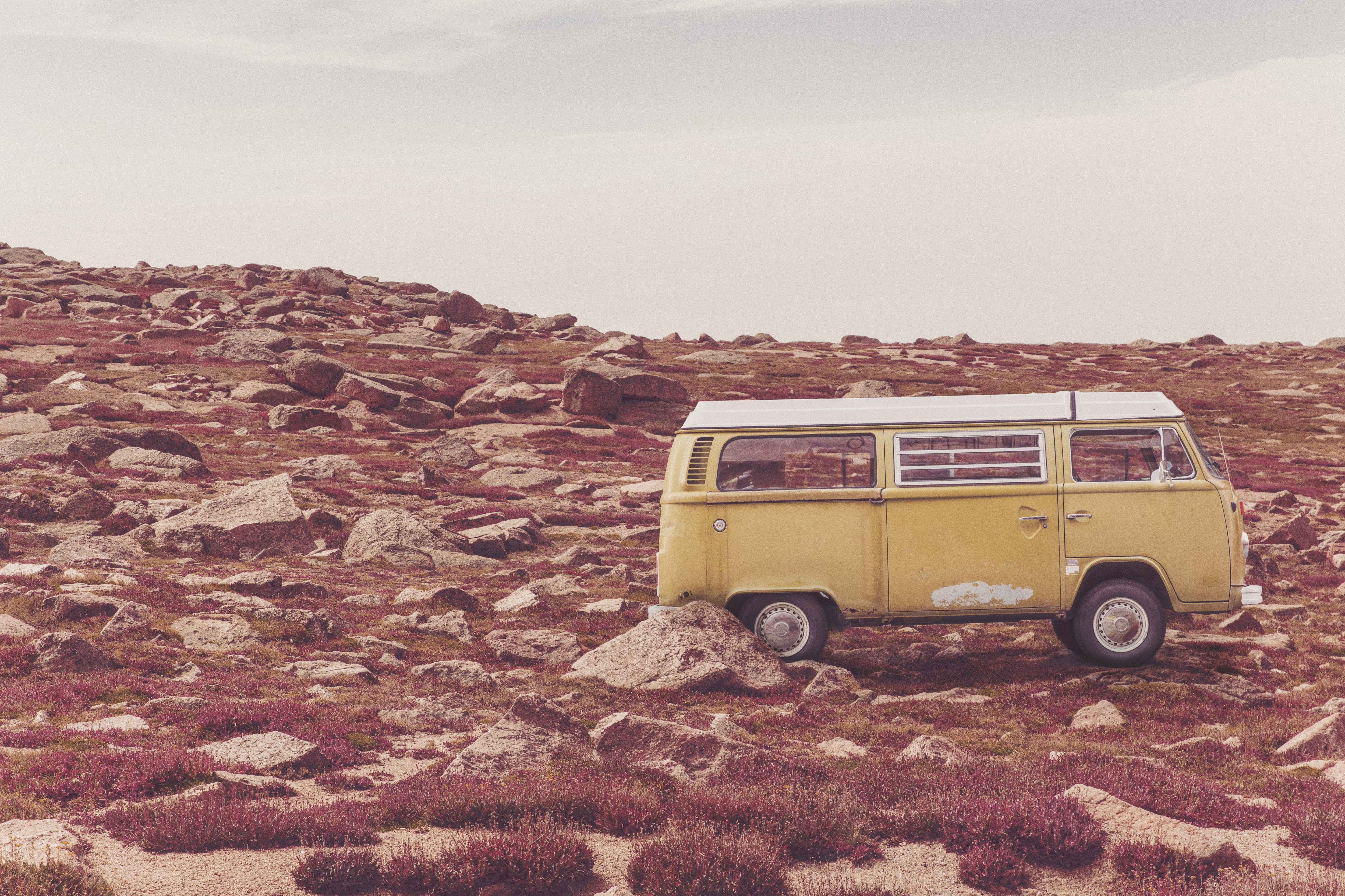 volkswagen, land Vehicle, day, old-fashioned, outdoors, old, adventure, sky, retro Styled, stationary, desert, mountain, objects, bus, landscape, car, nature, HD Wallpaper