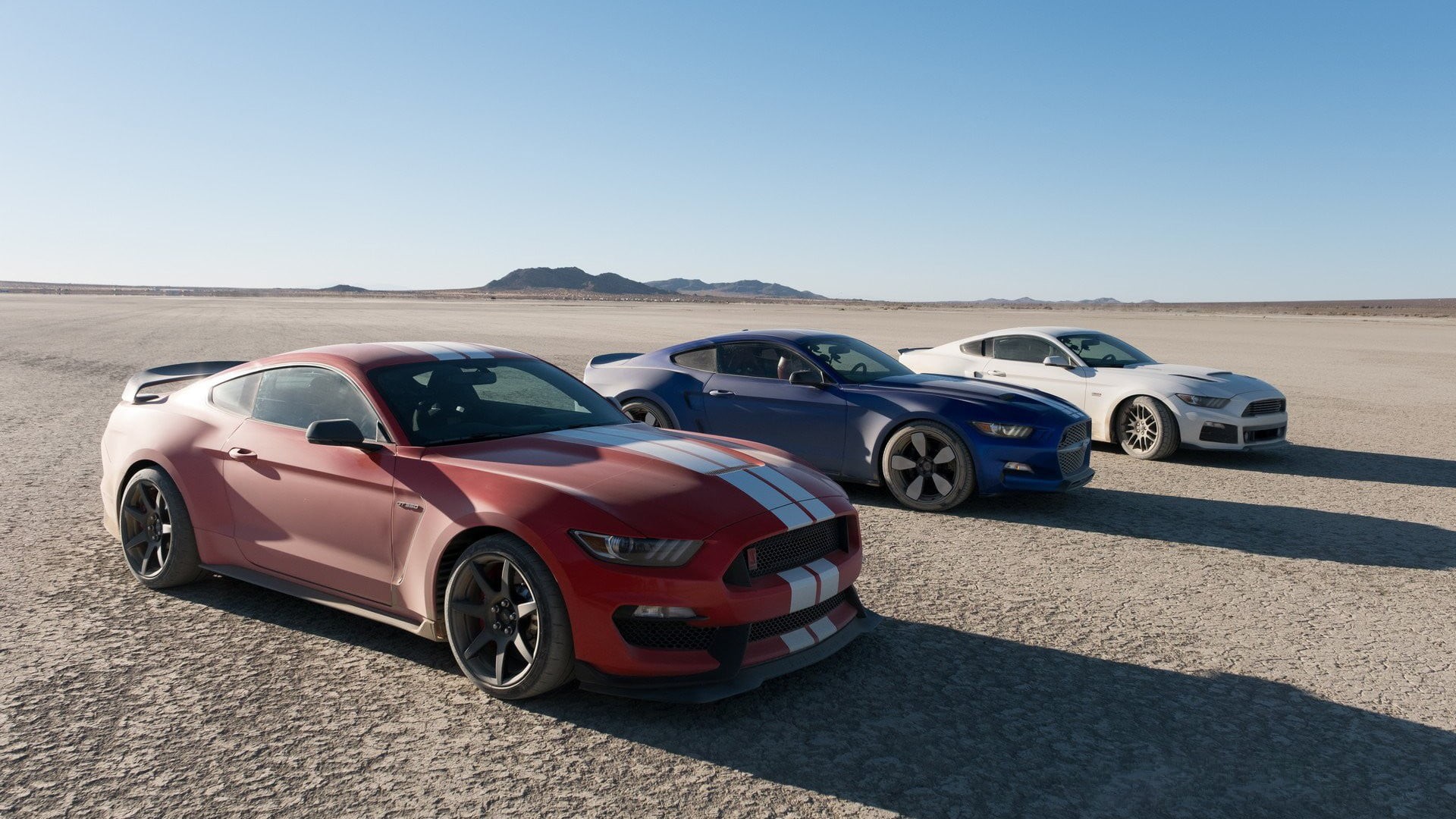 color, assorted, day, racecar, auto racing, The Grand Tour, Ford Mustang, motor vehicle, sunlight, mode of transportation, three, nature, 1080P, gt, gt350r, HD Wallpaper
