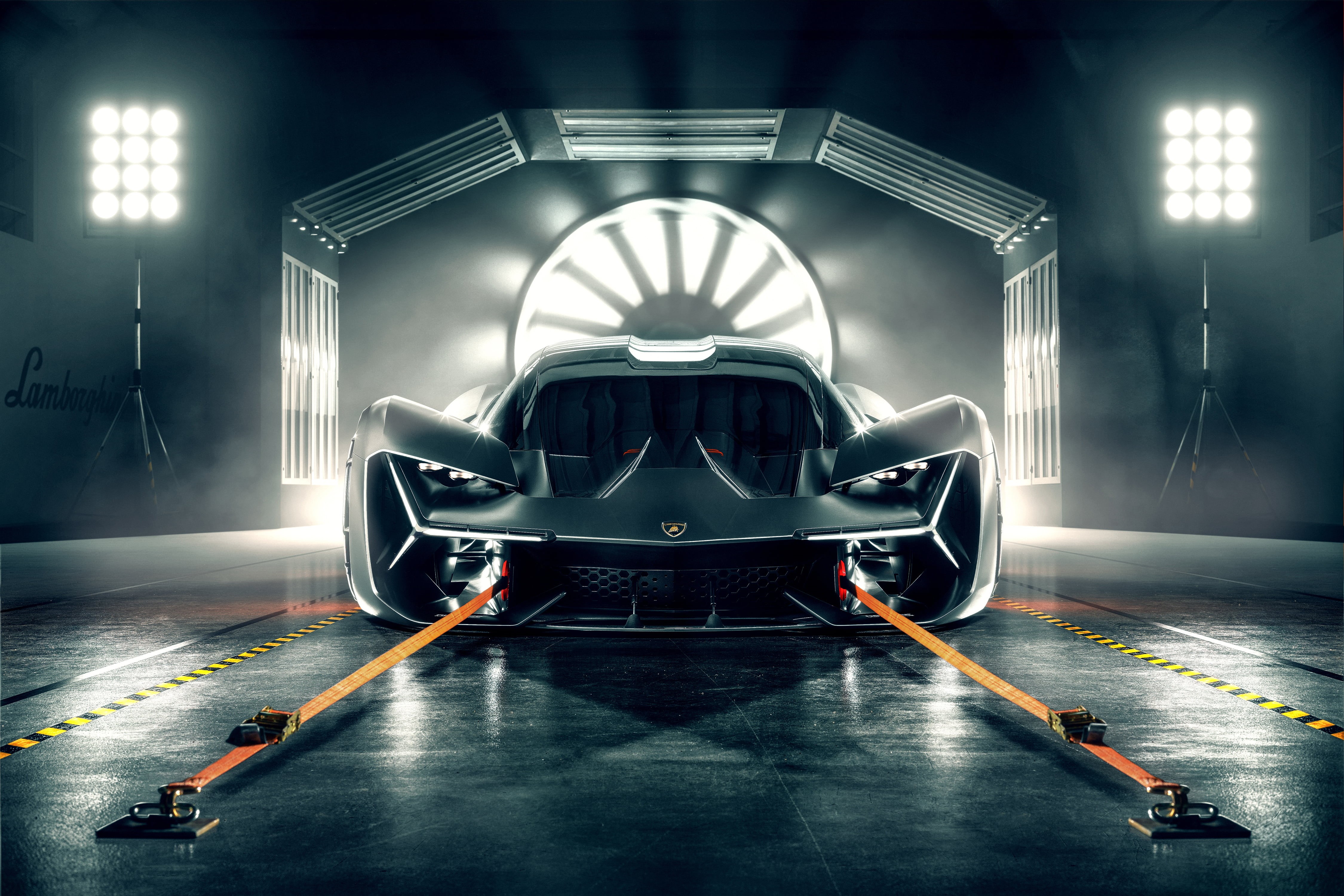 illuminated, lighting equipment, Lamborghini, dark, determination, mode of transportation, front view, reflection, black, three Dimensional, vehicle, speed, HD Wallpaper