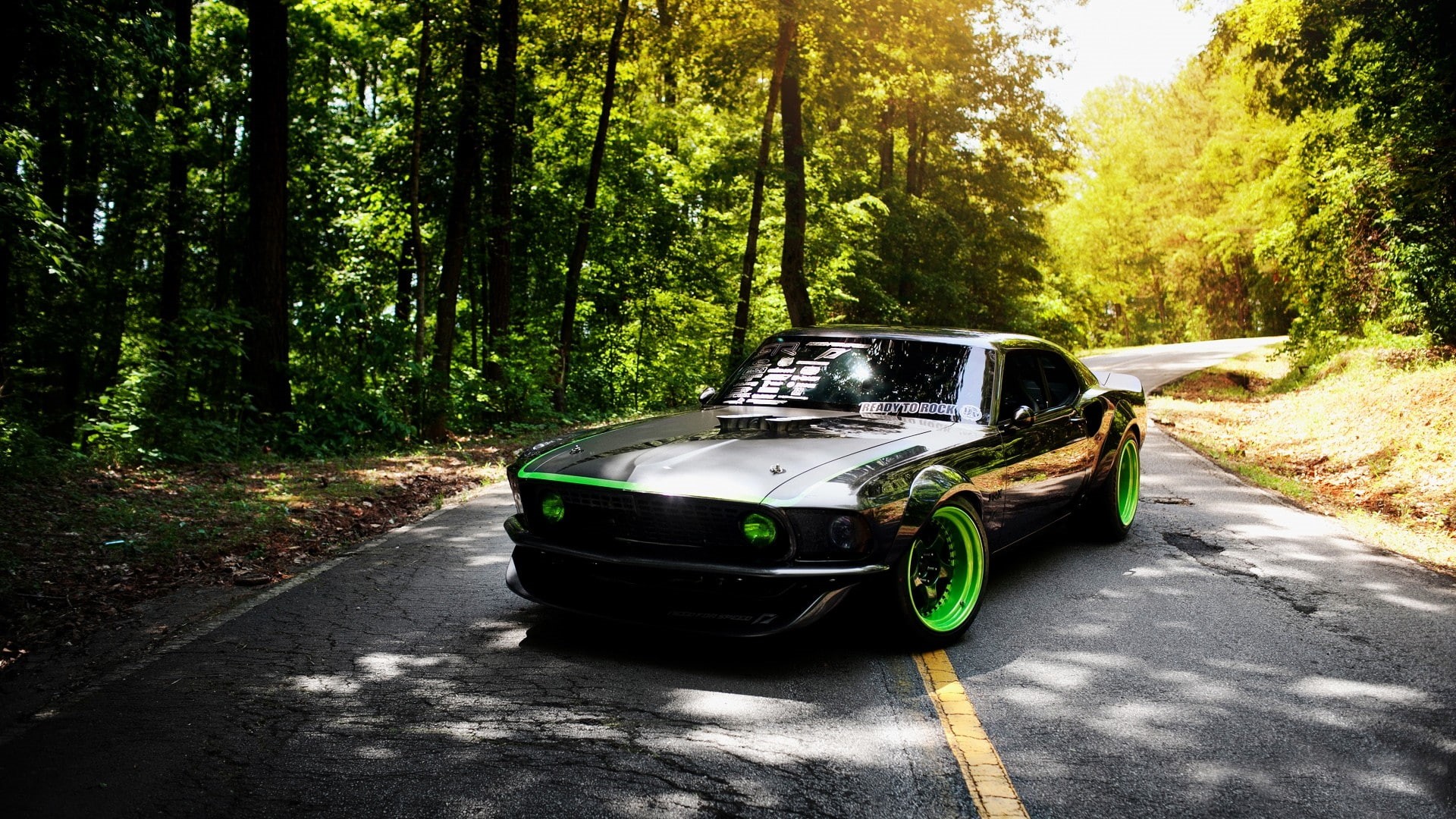 classic, hd, cars, trees, coupe, road, mustang, 1080P, car, black, ford, HD Wallpaper