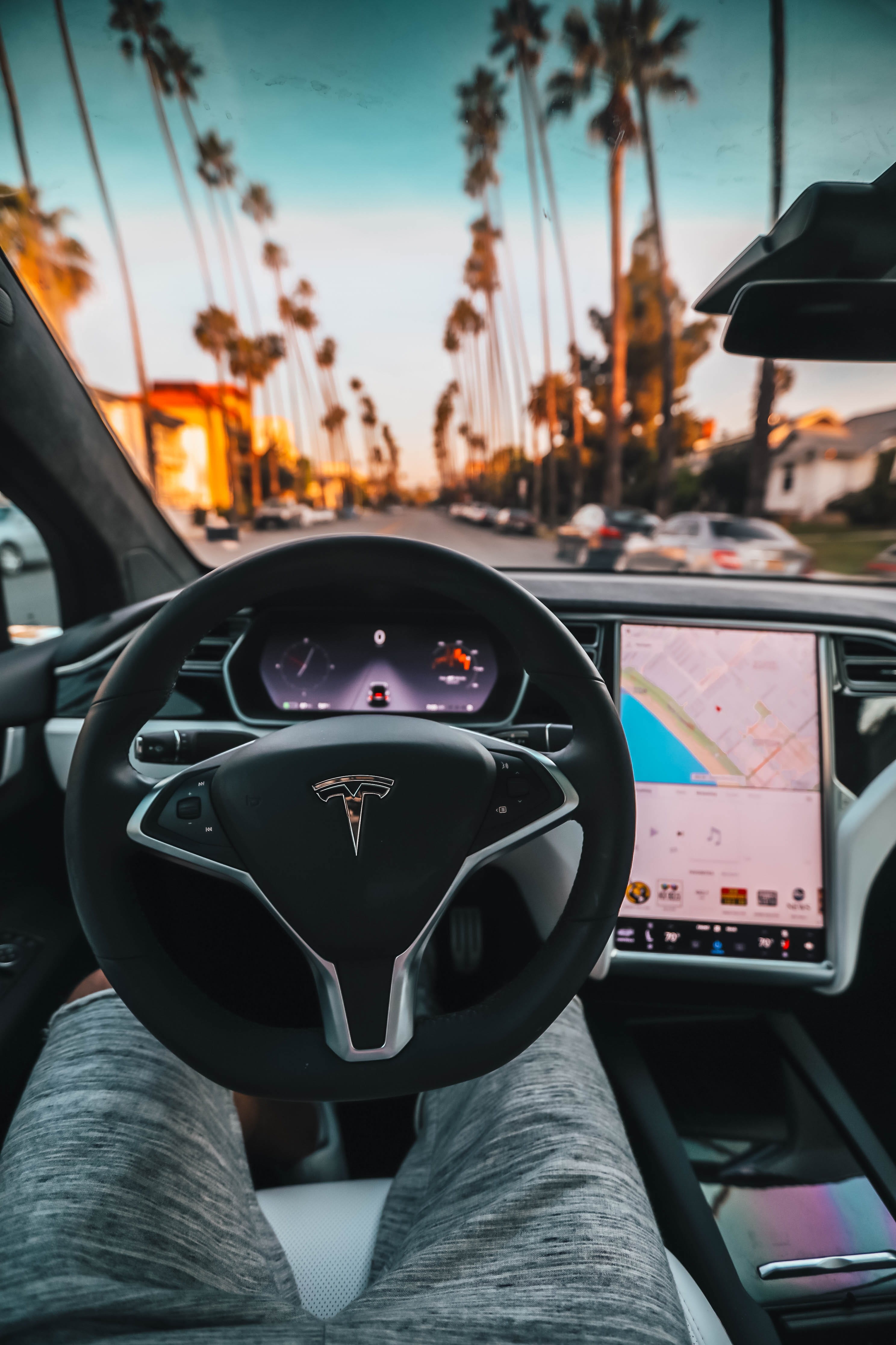 vehicle interior, focus on foreground, outdoors, navigation, transportation, view, sunset, california, palm tree, steering wheel, glass - material, sunrise, Phone HD Wallpaper