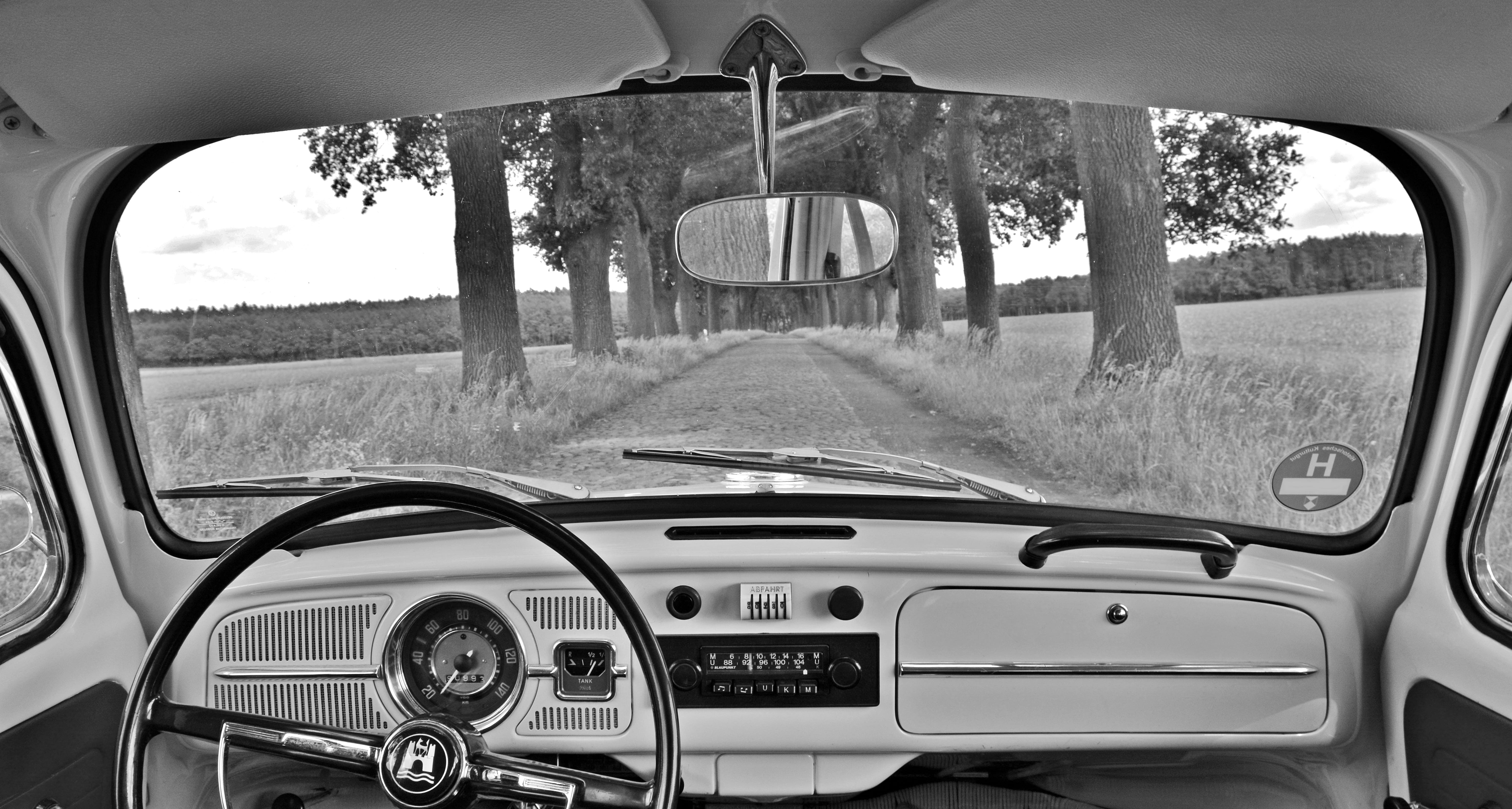 window, no people, beetle, day, historical road, classic, 5K, vw beetle, windshield, travel, steering wheel, land vehicle, black, transparent, steering, HD Wallpaper