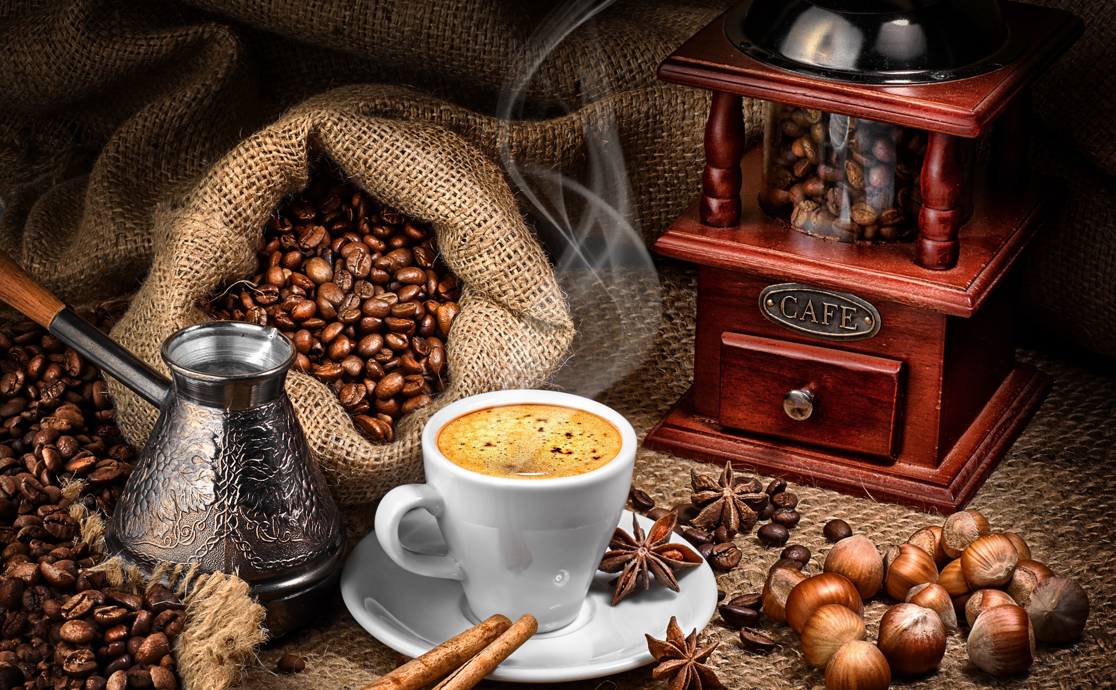 refreshment, no people, indoors, coffee - drink, food, table, Steam, flavor, mug, jute, 4K, still life, spice, Coffee, freshness, drink, healthy eating, HD Wallpaper