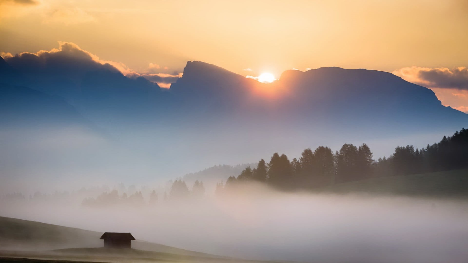 mist, trees, forest, plant, clouds, Italy, cloud - sky, mountain range, fogs, nature, 1080P, sunset, outdoors, tranquil scene, sun, mountains, mountain, HD Wallpaper