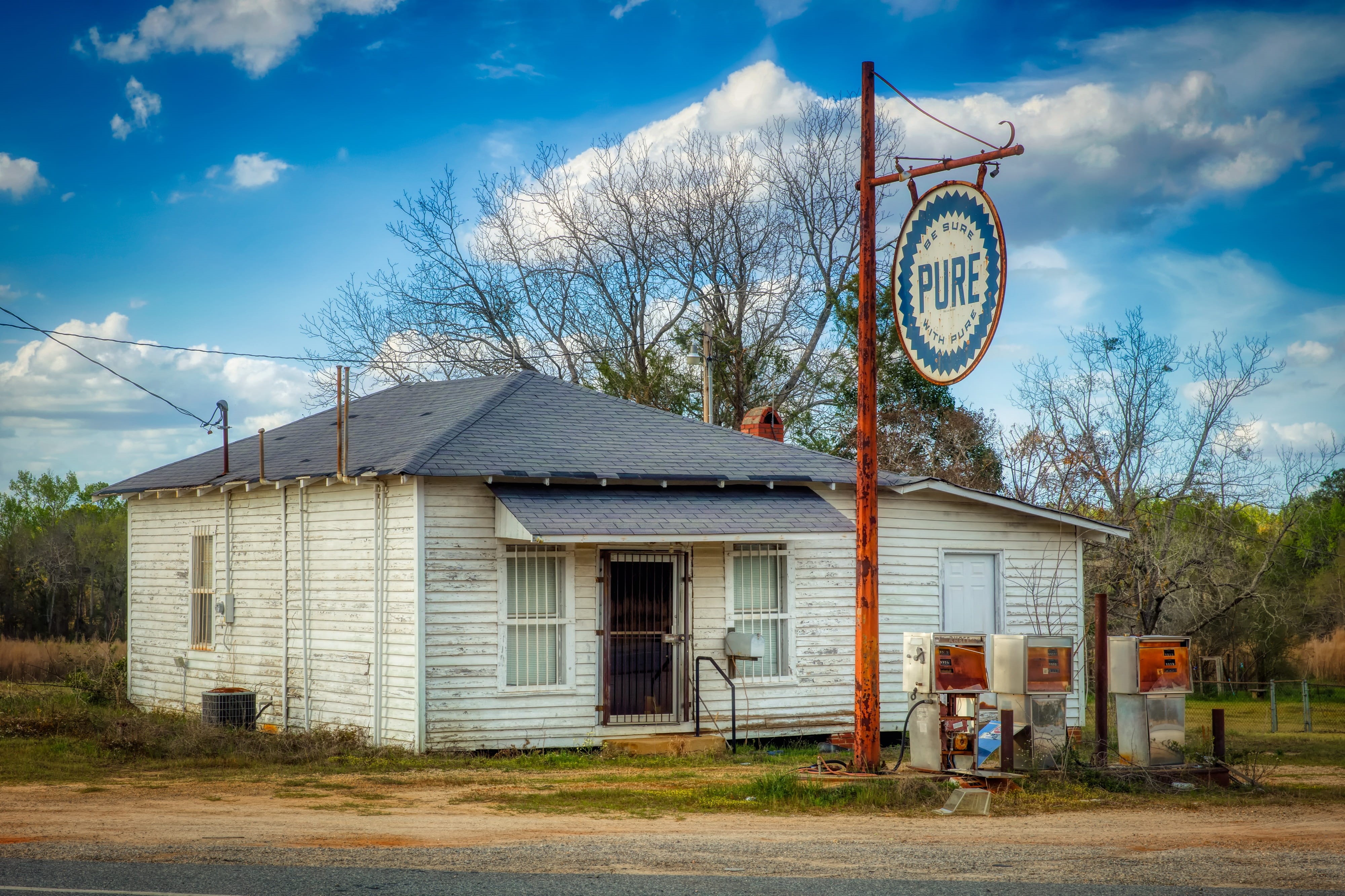 cloud - sky, transportation, outdoors, closed, nature, tree, city, no people, america, nostalgia, pure, abandoned, historic, landmark, building, petrol, HD Wallpaper