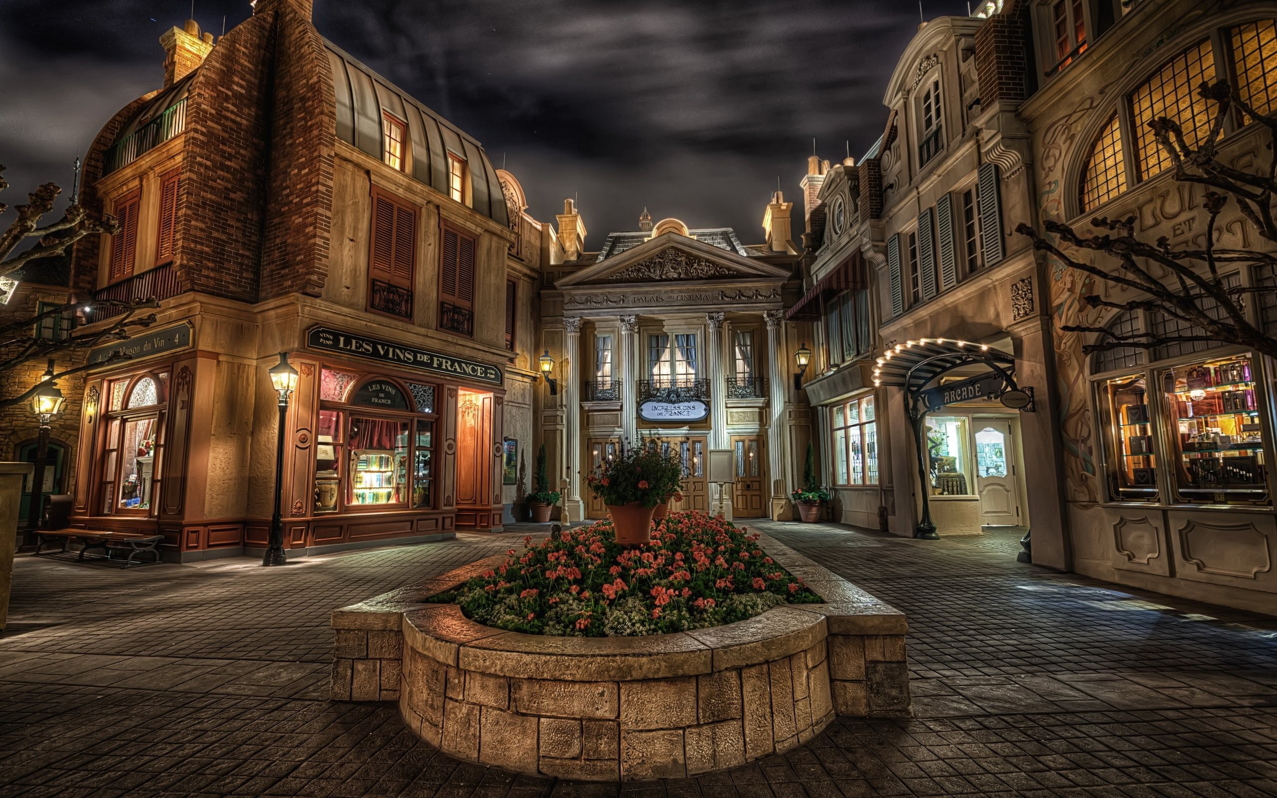 street light, tiles, old, town, long exposure, HDR, street, town square, lights, flowers, night, old building, clouds, house, France, architecture, Paris, HD Wallpaper