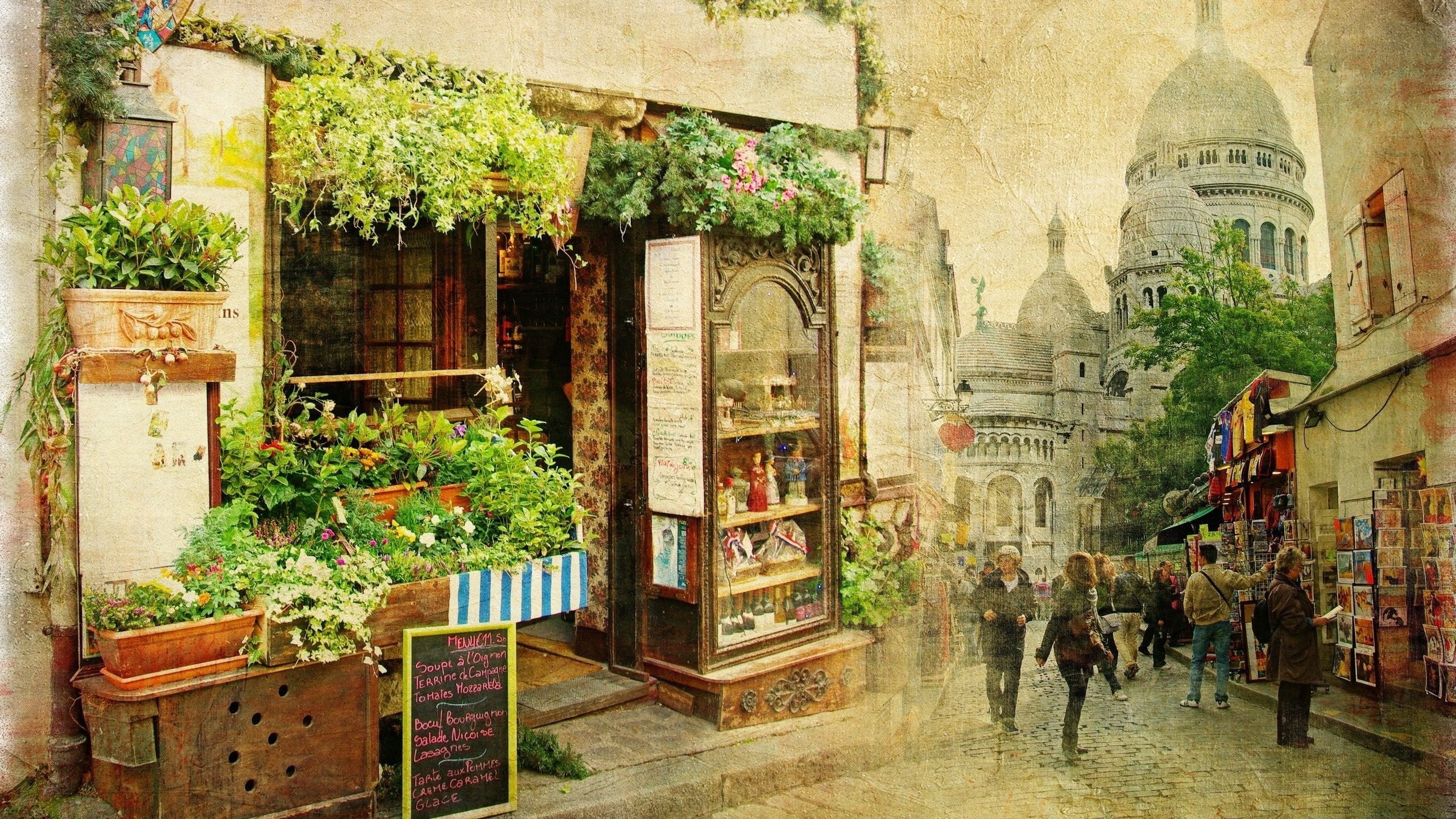 Paris, old-fashioned, group of people, store, travel Destinations, house, cultures, Montmartre, day, facade, cityscape, city, old building, painting, crowds, HD Wallpaper