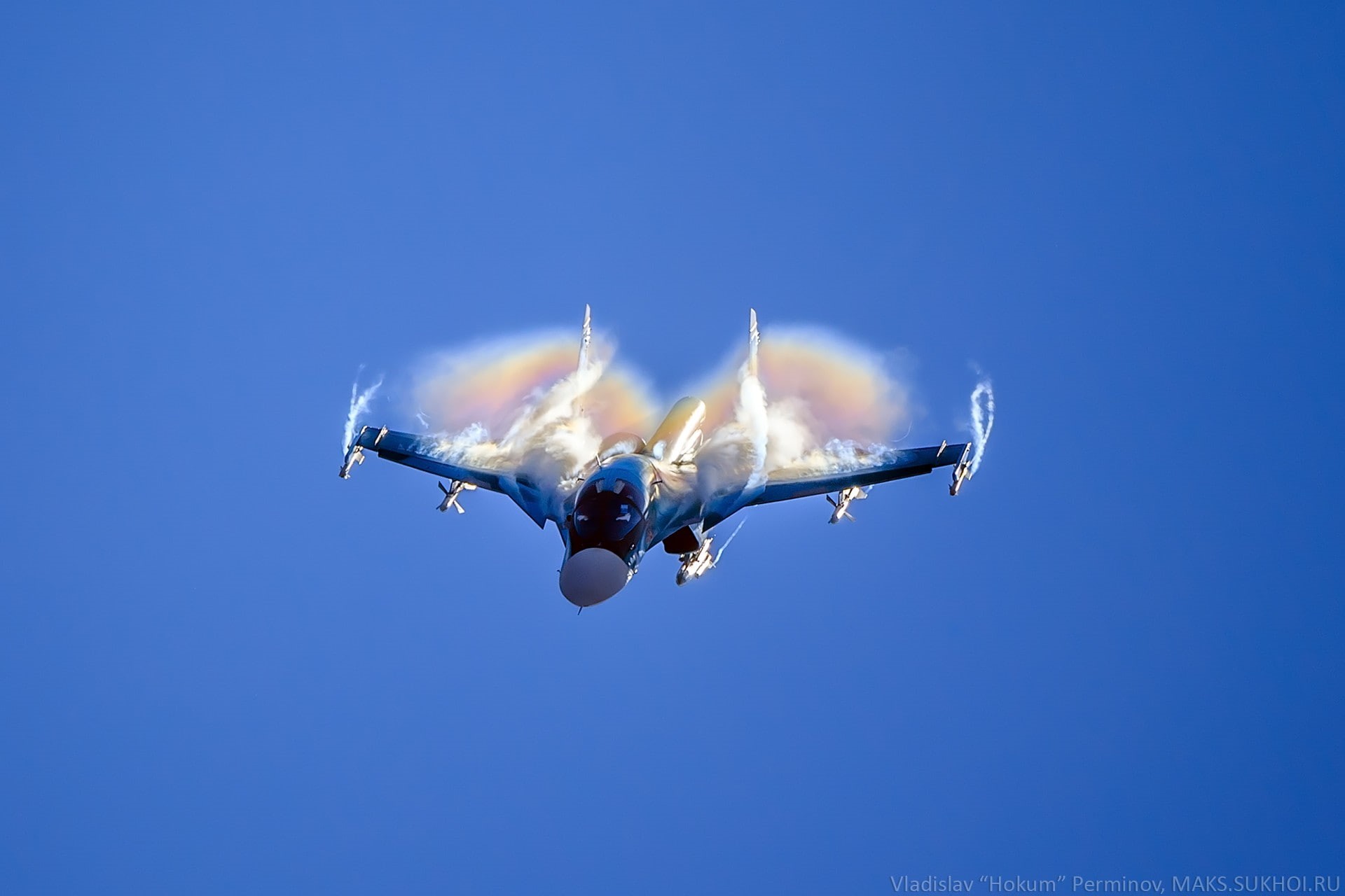 mid-air, low angle view, Sukhoi Su-34, no people, clear sky, air vehicle, nature, fighter plane, sky, blue, flying, transportation, speed, army, military aircraft, HD Wallpaper